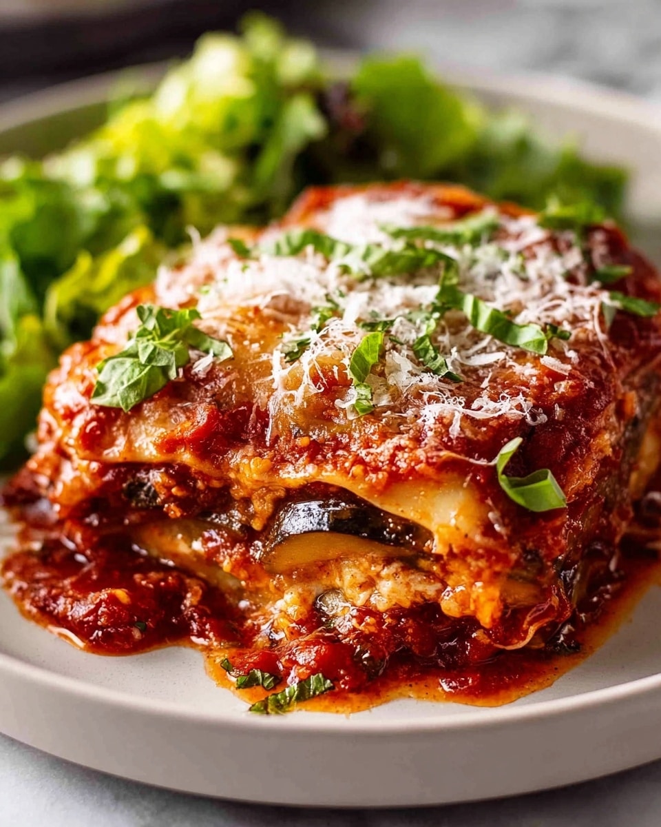 A white plate holds a thick slice of layered lasagna with three visible layers of cooked pasta sheets in between rich red tomato sauce filled with pieces of vegetables, glossy melted golden cheese on top covering the surface, and a sprinkle of shredded white cheese and torn green basil leaves scattered on the top. The lasagna looks juicy with sauce slightly spilling over the edges. In the background, there is a rough layer of green leafy salad. The dish rests on a white marbled surface. Photo taken with an iphone --ar 4:5 --v 7
