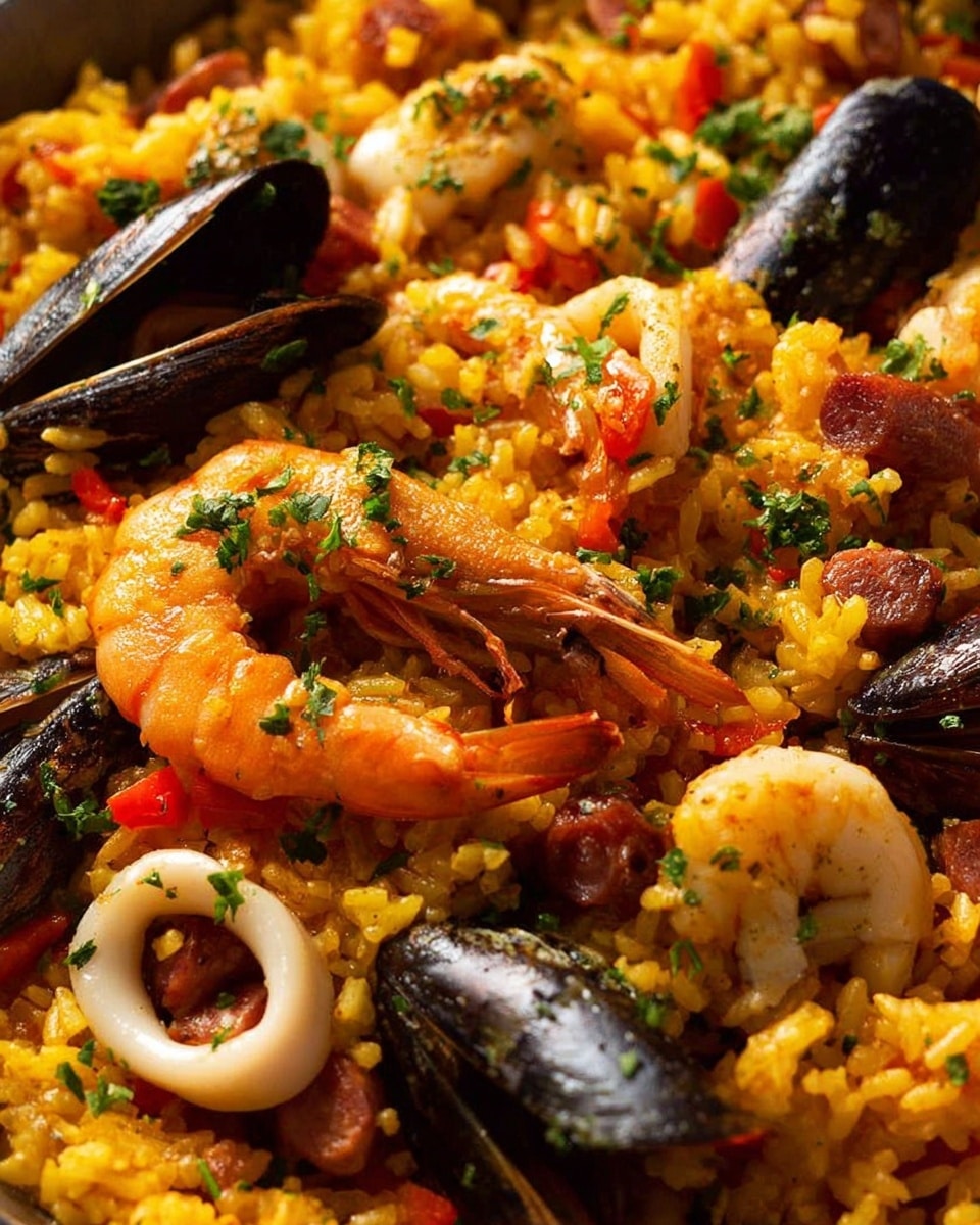 This close-up image shows a dish of yellow rice mixed with small pieces of red bell pepper and green herbs scattered on top. There are large pieces of seafood including orange shrimp with shells and tails on, black mussels with shiny black shells, and pale white squid rings. There are also slices of reddish sausage and chunks of light pink cooked meat mixed into the rice. The rice looks soft and moist, filling the whole frame in a warm, golden color. Photo taken with an iphone --ar 4:5 --v 7