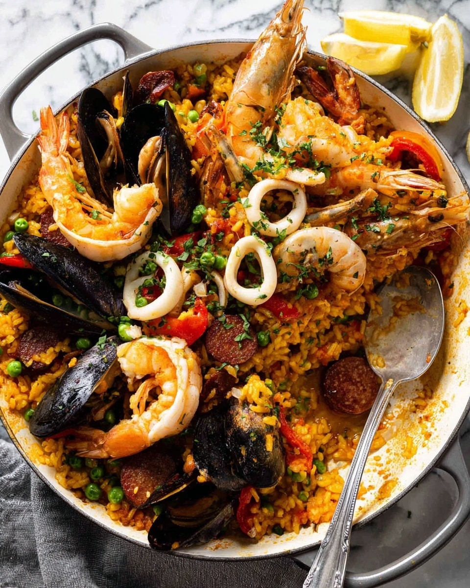 A large white pan filled with a colorful seafood rice dish. The dish has two main parts: on one side is yellow-orange rice with green peas, small red bell pepper pieces, and slices of dark brown sausage, showing a soft, moist texture; on the other side are big shrimp with shells and heads, black mussels, white squid rings, and some lemon wedges tucked in between. The shrimp and seafood are garnished with small green herbs sprinkled on top. A silver serving spoon rests inside the pan on the right side. The pan sits on a white marbled surface with a gray cloth underneath photo taken with an iphone --ar 4:5 --v 7