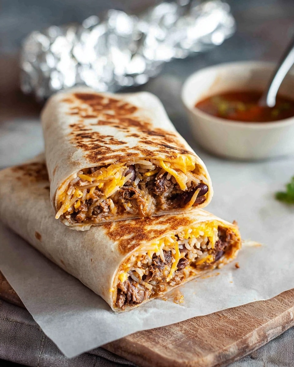 The image shows one burrito cut in half, stacked on top of each other on white parchment paper. The burrito has three visible layers: the outer toasted light brown tortilla with darker toasted spots, a middle layer of seasoned rice that is orange in color mixed with small pieces of corn and beans, and an inner layer of dark brown cooked meat with some beans mixed in. Nearby, there is a small white bowl of dark brown sauce with a silver spoon in it, and a wedge of lime beside the burrito halves. The background is a white marbled surface with a slightly blurred wrapped burrito and utensil placed on a gray cloth. Photo taken with an iphone --ar 4:5 --v 7