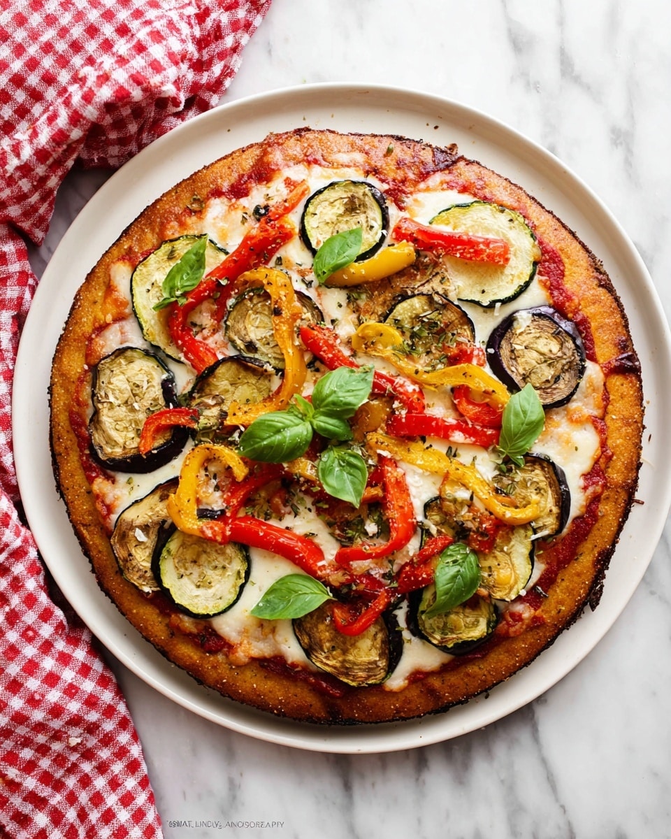 Two slices of vegetable pizza on a white plate with ridges, placed on a white marbled surface. The pizza has a thick light brown crust. The first layer shows melted white cheese mixed with tomato sauce, topped with grilled zucchini slices in shades of green, roasted eggplant pieces with dark edges, bits of red bell pepper, and a fresh bright green basil leaf on the top slice. Some grated cheese bits are scattered around on the plate. In the background, part of another white plate with more pizza slices is visible. A red and white checkered cloth is at the bottom left corner. Photo taken with an iphone --ar 4:5 --v 7