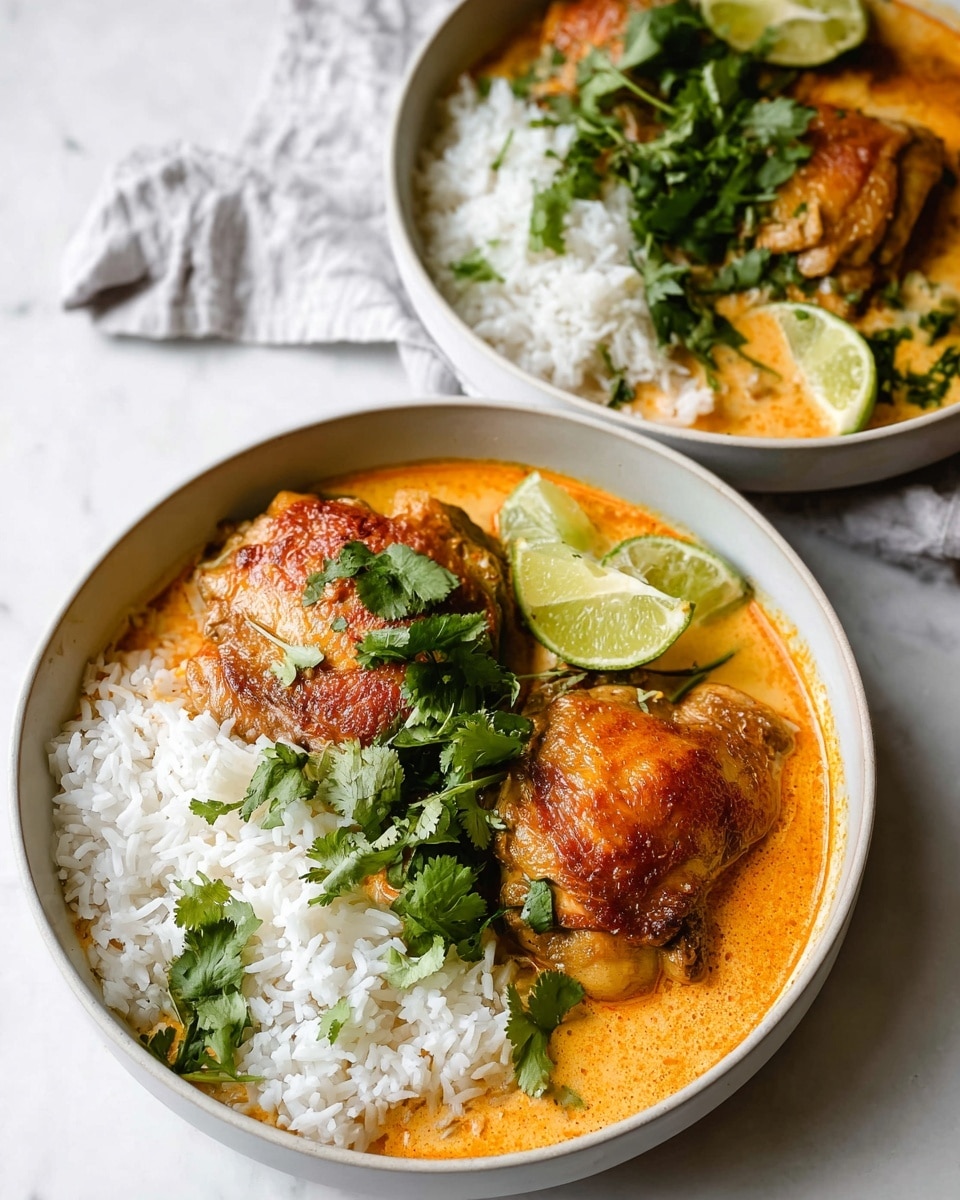 Two white bowls are filled with food on a white marbled surface. Each bowl holds two browned chicken pieces placed on a pool of orange-red sauce with a creamy texture. On one side of each bowl, white fluffy rice forms a neat mound. Fresh green cilantro leaves and light green lime wedges are scattered on top and around the chicken and rice, adding bright color and freshness. The composition shows a top-down view with even lighting. photo taken with an iphone --ar 4:5 --v 7