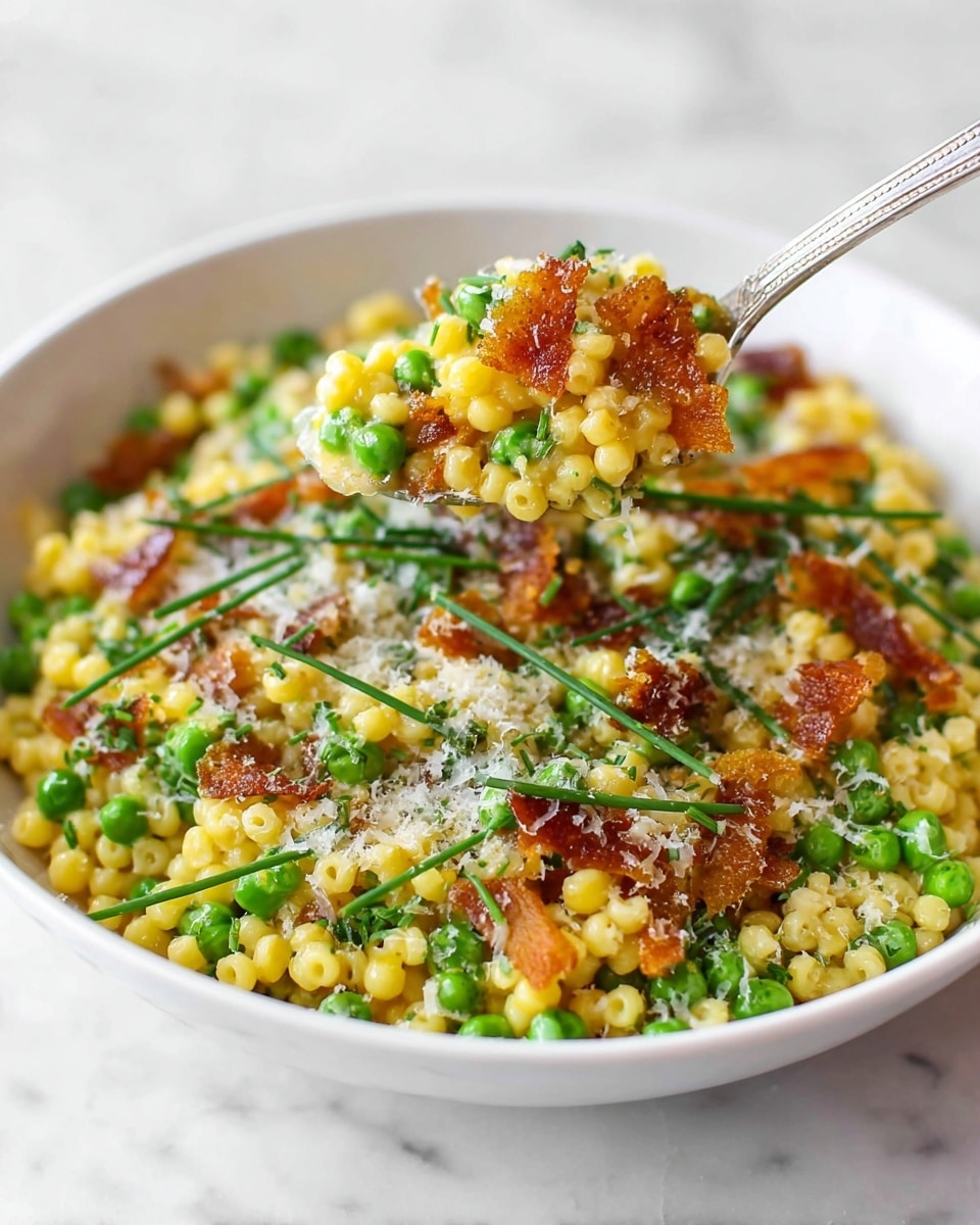 A white round bowl filled with a colorful dish made of small yellow pasta pearls mixed with bright green peas and golden crispy bits that look like fried bacon or a similar topping. Thin green chive-like stems are scattered on top along with finely grated white cheese sprinkled over everything. A silver spoon holds a small portion of the dish close to the camera, showing a mix of pasta, peas, crispy pieces, and cheese clearly. The background is a white marbled texture. photo taken with an iphone --ar 4:5 --v 7
