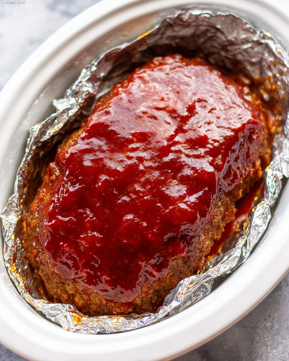 A white plate holds a large meatloaf with a glossy, thick red sauce coating the top and sides, showing a smooth and shiny texture. Two slices are cut from the loaf, revealing a dense, light brown interior with a slightly crumbly texture. Around the meatloaf, there are bright green, fresh green beans arranged in small bundles, adding color contrast to the dish. The plate is placed on a white marbled surface. photo taken with an iphone --ar 4:5 --v 7