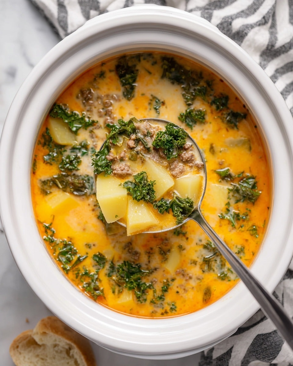 A white crockpot filled with creamy orange soup containing three main layers: soft yellow potato cubes, green kale leaves, and small bits of cooked ground meat, all mixed in the orange soup base. A metal ladle lifts a portion, showing these layers clearly with the green kale and yellow potatoes standing out against the orange soup, with hints of creamy texture and small meat pieces throughout. The scene is set on a white marbled surface with a striped cloth and a small piece of bread on the side photo taken with an iphone --ar 4:5 --v 7