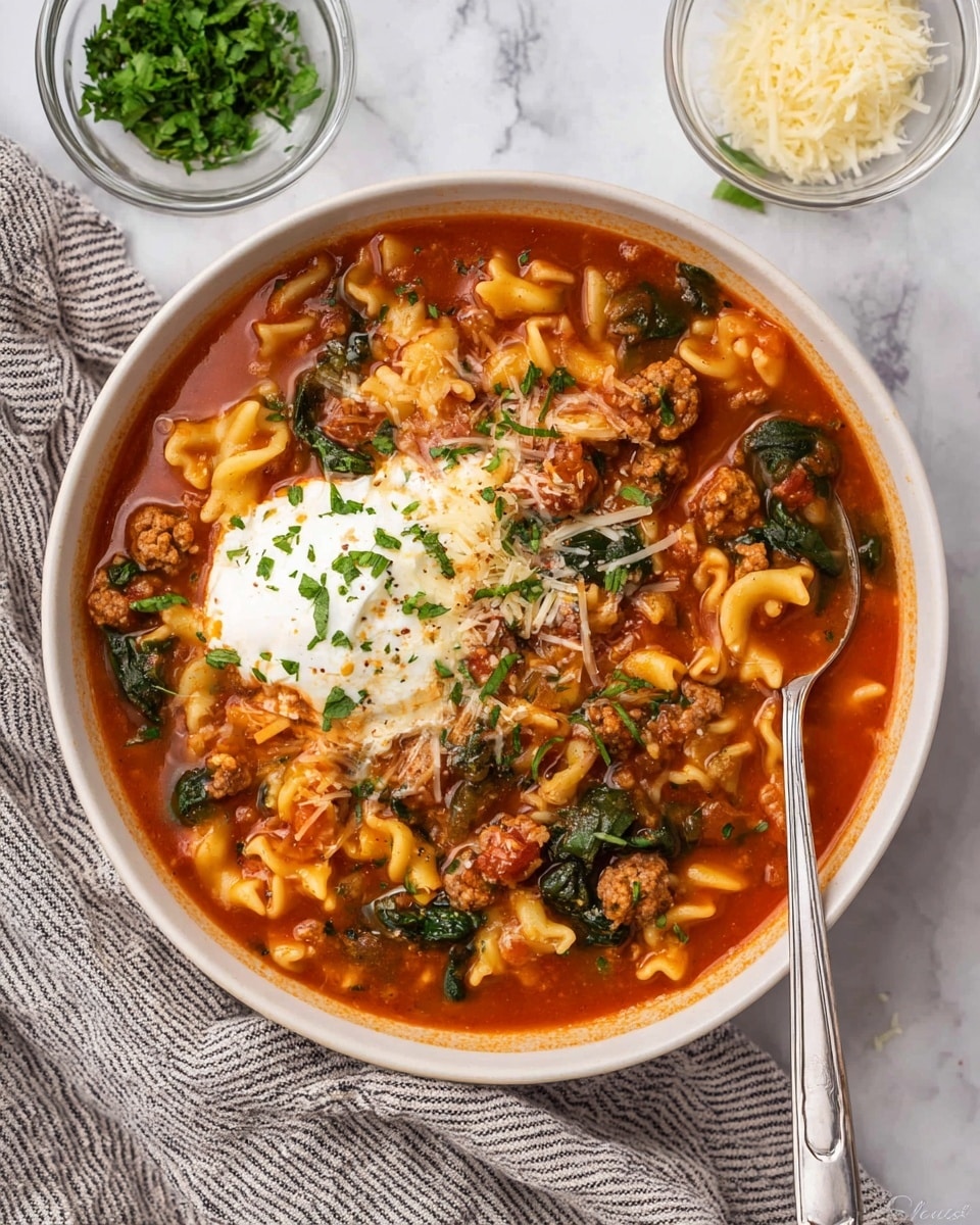 A white slow cooker filled with a thick soup showing three main layers: at the bottom, a rich red tomato broth; in the middle, yellow wavy-edged pasta pieces mixed with cooked brown ground meat; on top, bright green leafy spinach and small chunks of red tomato scattered throughout. A metal spoon lifts a scoop of the soup, highlighting the mix of pasta, meat, spinach, and broth inside it, all on a white marbled background photo taken with an iphone --ar 4:5 --v 7