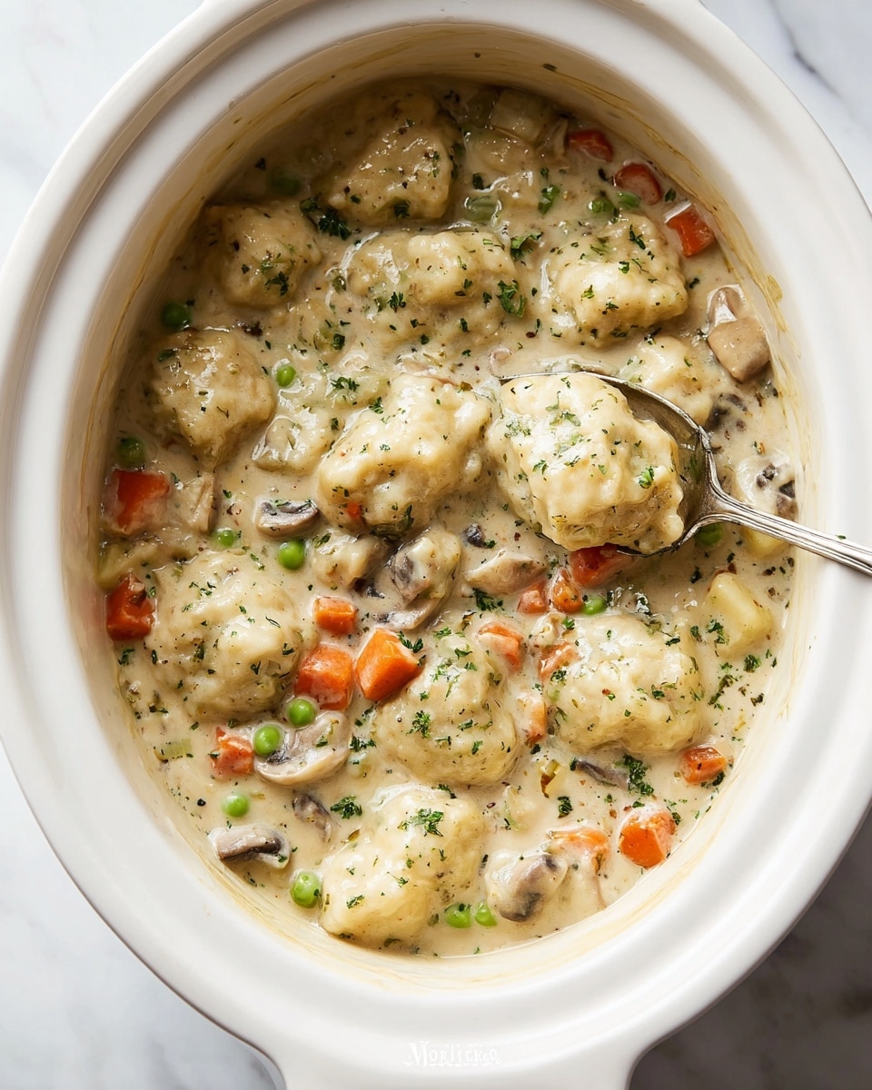 A creamy stew is shown in a white crockpot, filled with soft dumplings, small orange carrot pieces, green peas, and light brown mushrooms mixed in a thick, beige sauce sprinkled with green herbs. The dumplings are irregular and fluffy, floating evenly throughout the dish. A metal spoon is partially submerged, holding a scoop of the stew with visible layers of carrots, peas, dumplings, and sauce. The crockpot sits on a white marbled surface. photo taken with an iphone --ar 4:5 --v 7