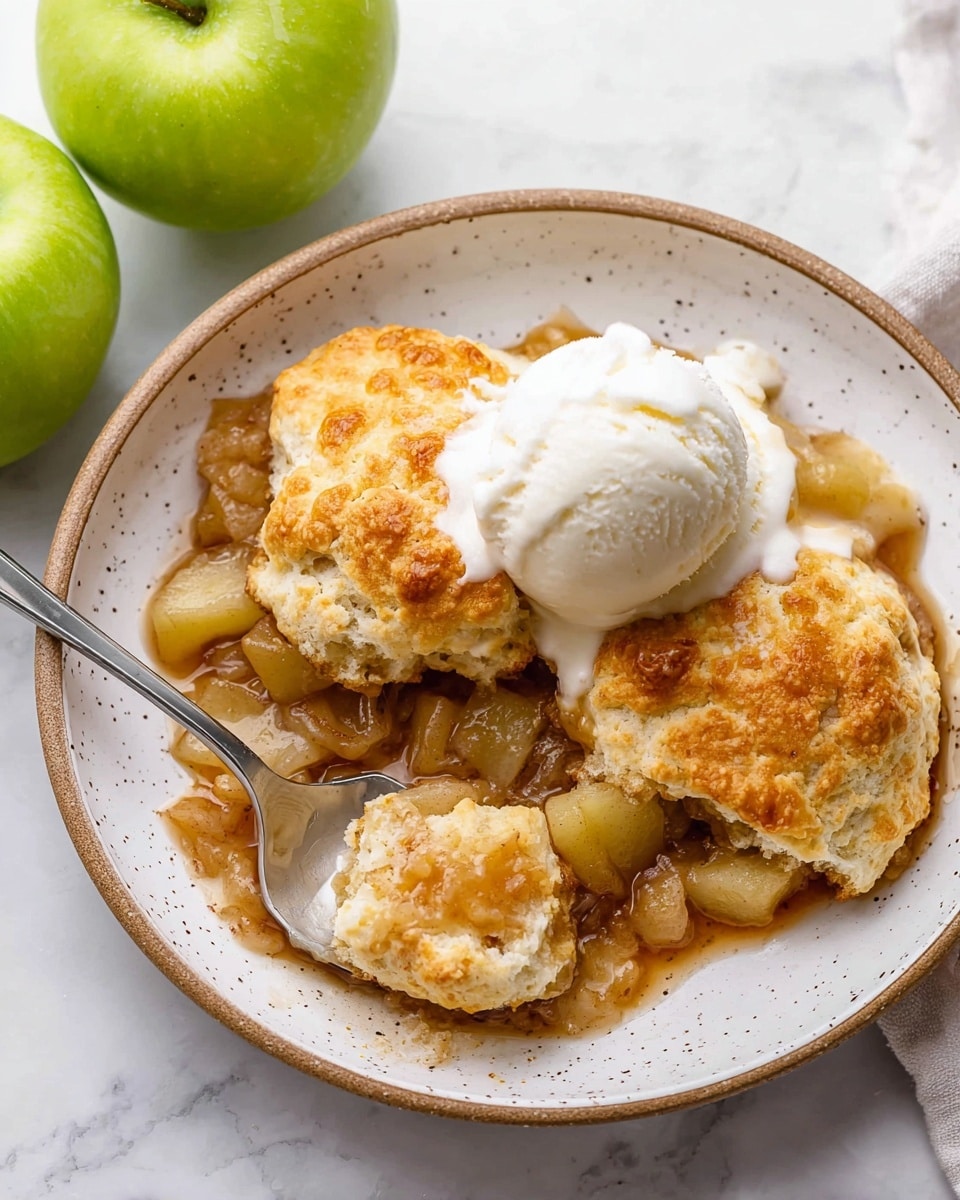 A white plate with speckled edges shows a dish with three golden-brown baked biscuit pieces on top, with a warm, glossy apple filling underneath made of soft, sliced apples in a light brown sauce. On top of the biscuit pieces, there is a single scoop of white ice cream slowly melting, with a light drizzle of honey or syrup. A metal spoon rests in the plate, holding a bite of biscuit and apple filling covered in melted ice cream. The plate is on a white marbled surface, with two whole green apples partially visible in the background. Photo taken with an iphone --ar 4:5 --v 7