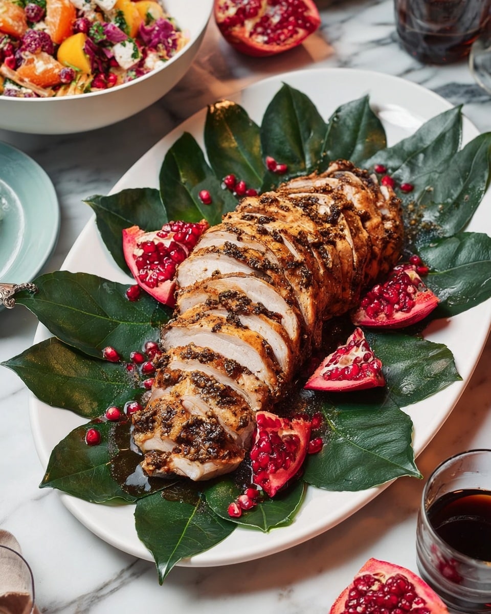 A white plate with a sliced roasted turkey breast in the center, its golden-brown skin speckled with black pepper and herbs. Around the turkey are several open pomegranate halves showing bright red seeds, contrasting with deep green bay leaves that surround the plate and peek out beneath the turkey. The background is a white marbled surface with a glass of red wine at the top right and a bowl of colorful salad with walnuts and pomegranate seeds partially visible in the top left corner. Woman's hand is holding wooden chopsticks on the left side. Photo taken with an iphone --ar 4:5 --v 7