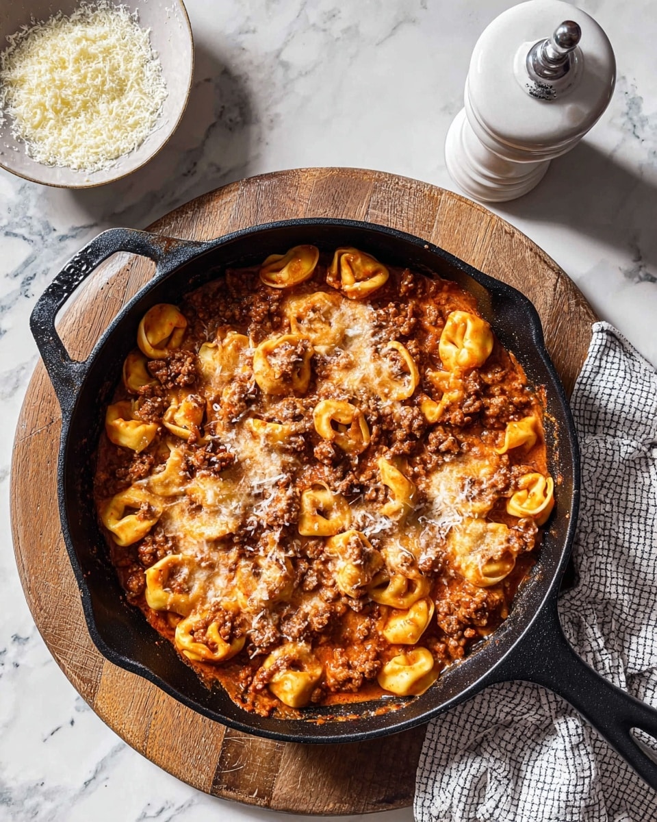 A black cast iron pan filled with two layers of tortellini pasta covered in a reddish creamy sauce mixed with brown ground meat, scattered with small white grated cheese on top; the pan is on a round wooden board placed over a white marbled surface. To the upper left, a white bowl holds a small mound of finely grated white cheese. A white pepper grinder stands next to the bowl. A white cloth with a black checkered pattern is partly visible on the right side. photo taken with an iphone --ar 4:5 --v 7