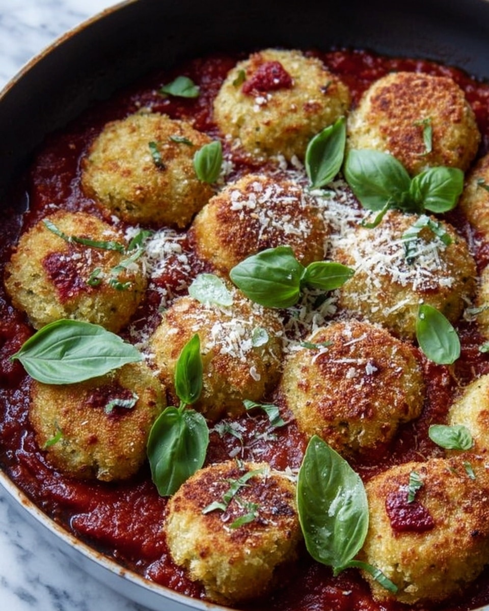 A round gray pan filled with about ten golden-brown fried balls sits on a white marbled surface. Each ball is topped with small dollops of bright red tomato sauce and a light sprinkle of grated white cheese. Fresh green basil leaves are scattered over the balls and sauce, adding a pop of color. A silver spoon rests in the pan, partly lifting a ball. Nearby, a white plate holds two of these balls with tomato sauce, grated cheese, and a small basil leaf on top. The surface around the pan and plate has some scattered cheese and basil leaves. Photo taken with an iphone --ar 4:5 --v 7