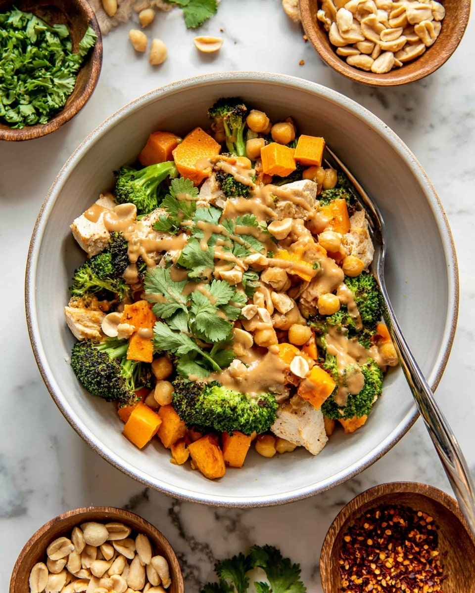A white bowl holds a colorful dish with several layers: at the bottom are chunks of light beige cooked chicken and bright orange sweet potato cubes, mixed with light beige chickpeas and dark green broccoli florets. The dish is topped with a creamy light brown sauce, scattered pale brown peanuts, and fresh bright green cilantro leaves. A fork rests inside the bowl on the right side. Around the bowl, there are wooden bowls with green herbs, peanuts, and crushed red pepper flakes placed on a white marbled surface. photo taken with an iphone --ar 4:5 --v 7