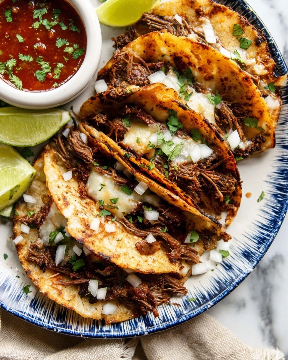 Three tacos are placed side by side on a white plate with blue patterns, each taco filled with dark brown, shredded meat that looks tender and slightly charred, topped with small white onion pieces and green cilantro leaves scattered over them. The tacos have a lightly browned, grilled outer shell that is folded over the filling. On the side of the plate, there are a few fresh lime wedges with vibrant green skin and pale green flesh. Next to the tacos, a white bowl contains a smooth, dark red sauce garnished with small green cilantro leaves. The plate rests on a white marbled surface with some green cilantro leaves scattered around. photo taken with an iphone --ar 4:5 --v 7