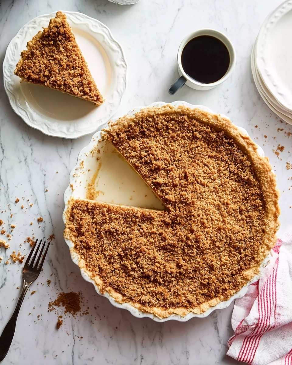 A round pie with a thick, crumbly brown topping that covers the entire surface, showing a rough texture of small and larger crumbs. The pie crust around the edges is golden and crimped, holding the crumb topping. The pie sits on a white marbled surface with a blue and white striped cloth nearby. Photo taken with an iphone --ar 4:5 --v 7