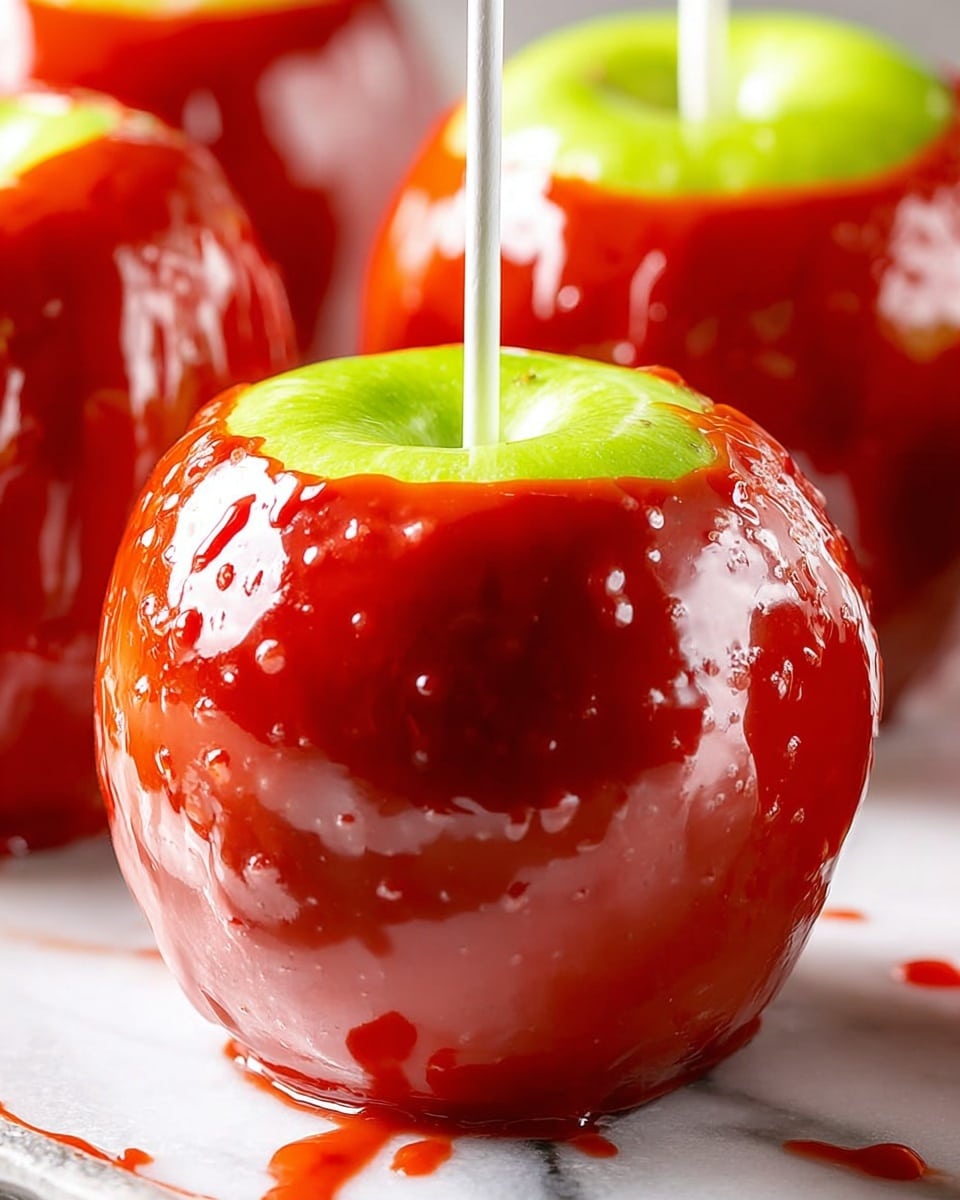 The image shows four shiny red candy apples, each with a white stick pushed into the top center. The apples have a thick, smooth, glossy red candy layer that covers all their surfaces, shiny and reflective in the light. The red candy coating is slightly dripping and pooling at the base of each apple, creating small red puddles on the white marbled surface below. The green tops of the apples peek out from the candy coating, and a woman's hand is holding the stick of the front apple delicately. The background is a soft, light grey that contrasts with the bright red candy apples. photo taken with an iphone --ar 4:5 --v 7
