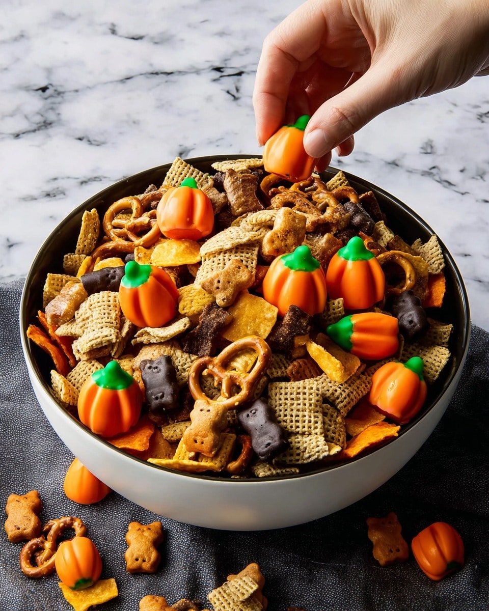 A top view of a pile of snack mix on a flat white plate showing many layers and colors: on the bottom are light brown square cereal pieces with a woven texture, and dark orange wide curved chips; scattered through the mix are colorful pieces of candy shaped like small pumpkins with bright orange bodies and green tops, and small candy corn with yellow and orange bodies and white tips; there are light beige animal-shaped crackers and chocolate-covered pretzels with a smooth rich brown coating. The mix is spread unevenly with some pieces falling off the plate onto a white marbled surface photo taken with an iphone --ar 4:5 --v 7