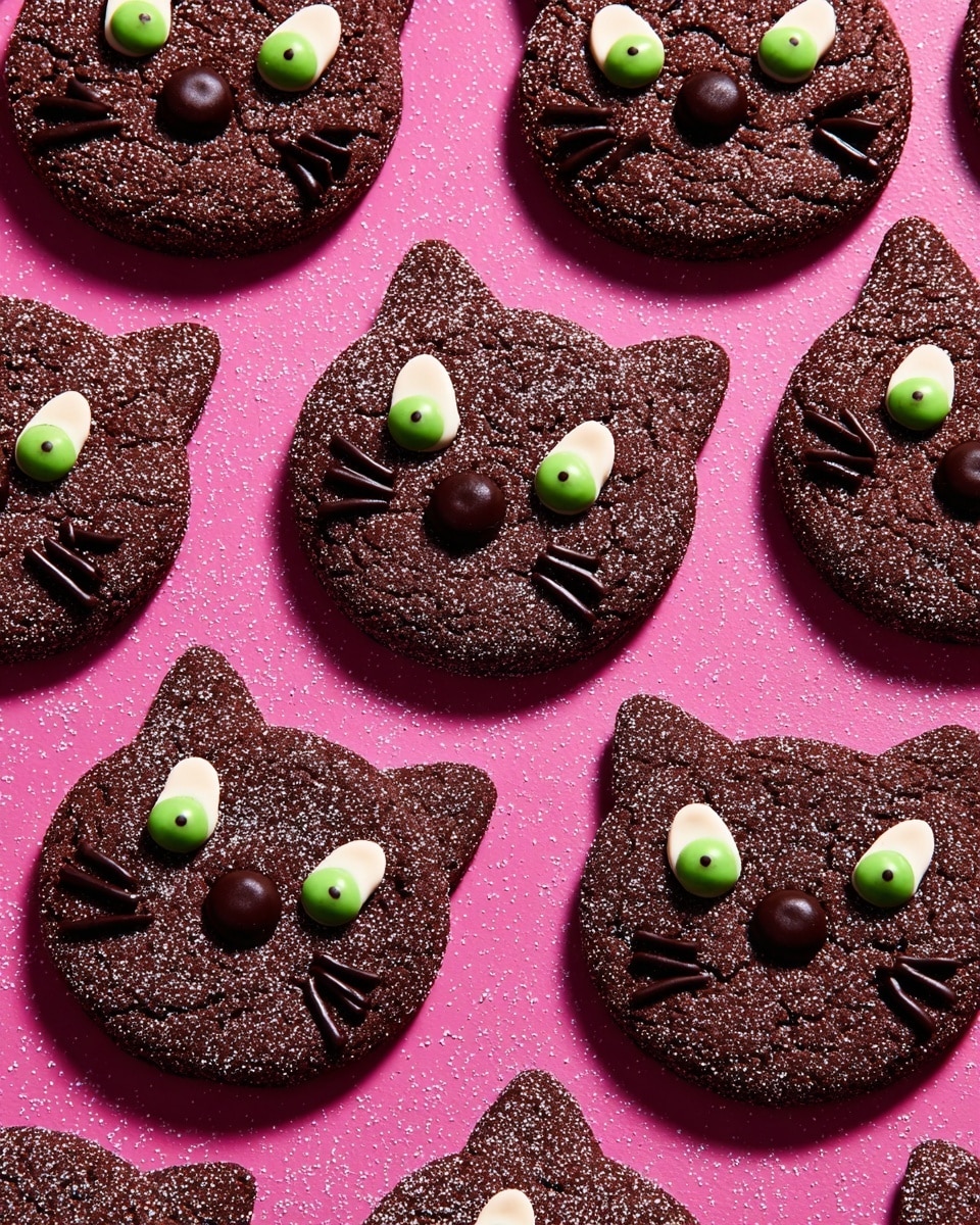 The image shows four round dark brown cookies shaped like cat faces placed on a golden cooling rack over a white marbled surface. Each cookie has two small ears formed by slight indentations or extra dough at the top edges. The cat face decorations include two white almond-shaped eyes with green candy pieces placed in the center, a shiny round brown candy for the nose, and whiskers made from small lines of dark chocolate. The cookie texture looks slightly cracked and crumbly with a sprinkled finish of white salt flakes on top. Photo taken with an iphone --ar 4:5 --v 7