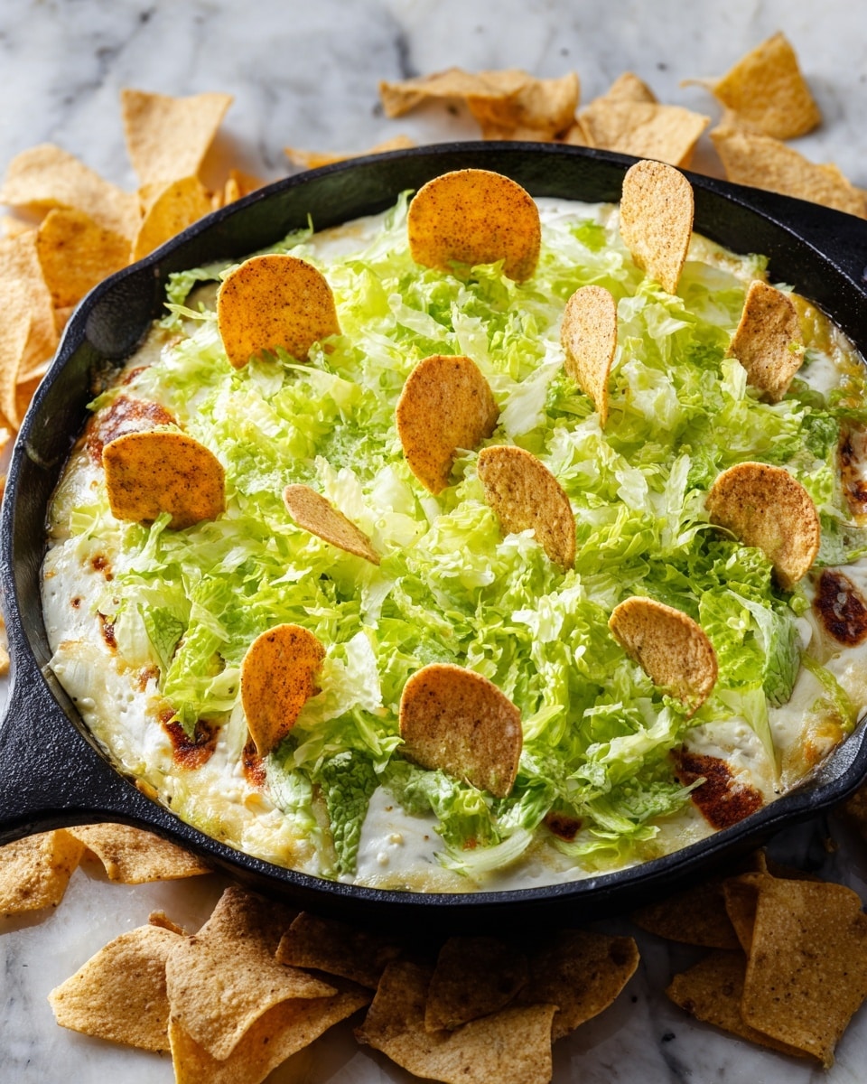 A black skillet holds a dish with three clear layers. The bottom layer is a reddish sauce with visible texture, topped by a smooth layer of melted white cheese covering the entire surface. On top of the cheese layer is a fresh, shredded layer of bright green lettuce spread evenly across. Standing vertically in the cheese and lettuce layer are several light golden-brown baked triangle chips with some darker spots, arranged in a scattered pattern. Around the skillet on a black cloth are more beige triangle chips with a grainy texture. The whole scene is set on a white marbled surface. photo taken with an iphone --ar 4:5 --v 7