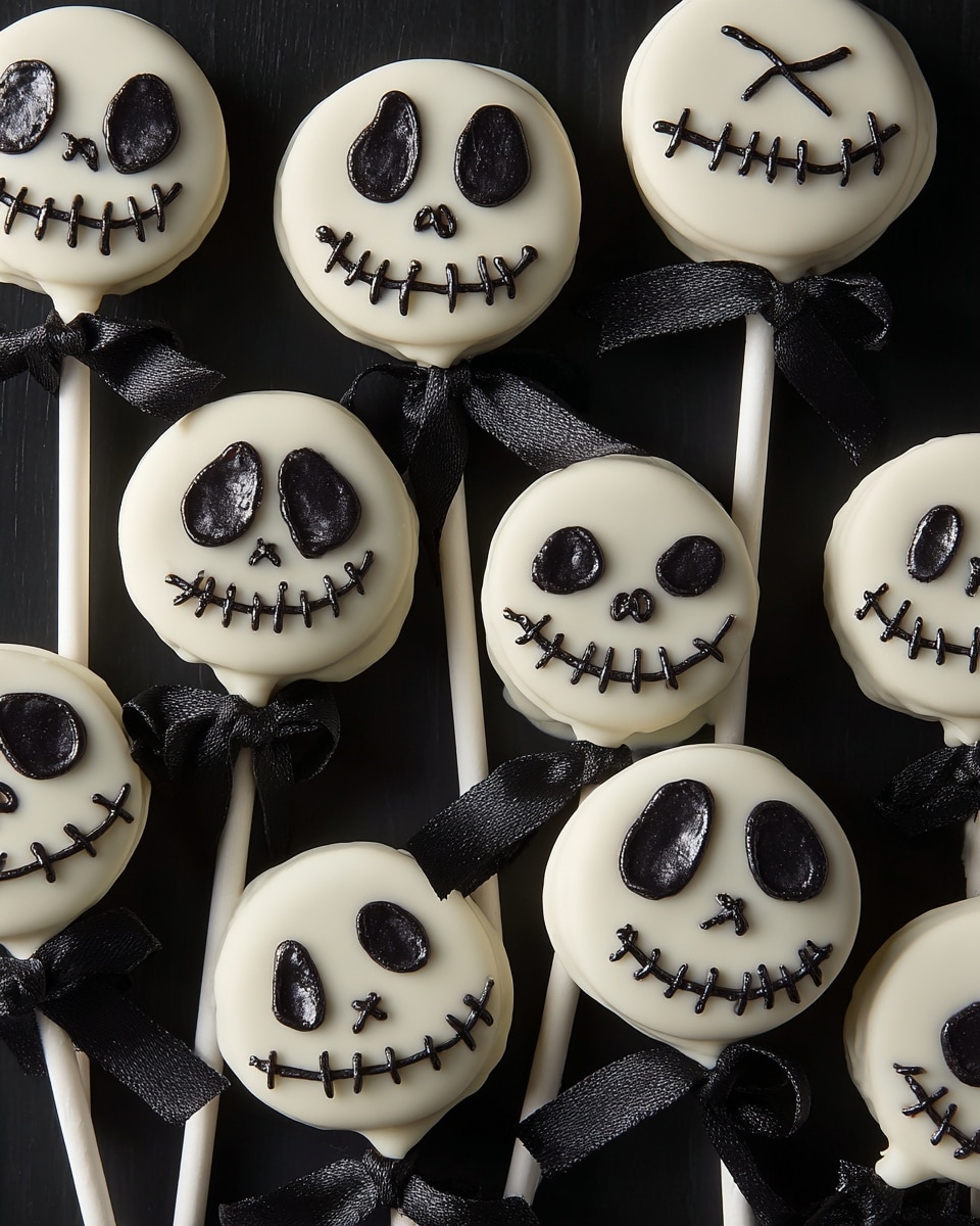 The image shows round cake pops on white sticks, each decorated to look like skull faces with black eyes and stitched mouths made of black icing on a smooth white coating. One cake pop is bitten, revealing three inner layers: an outer thin white chocolate layer, a middle black cake layer, and a bright orange cake layer in the center. Each stick tied with a small shiny black ribbon bow. The cake pops are placed on a dark textured surface. photo taken with an iphone --ar 4:5 --v 7