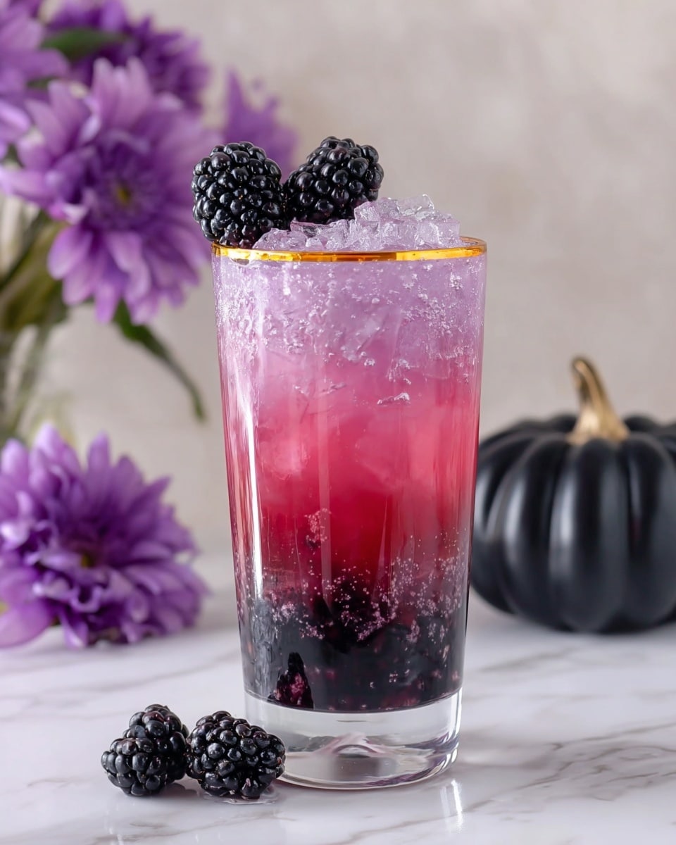 The image shows a tall clear glass with a gold rim, filled with a three-layered drink. The bottom layer is dark purple with small blackberries settled at the base. The middle layer is bright pink, blending smoothly into the top layer which is a lighter purple with crushed ice. On top of the crushed ice are two large blackberries as garnish. The glass is placed on a white marbled surface with a blurred white background, featuring purple flowers on one side and a small black pumpkin and loose blackberries on the other side. Photo taken with an iphone --ar 4:5 --v 7
