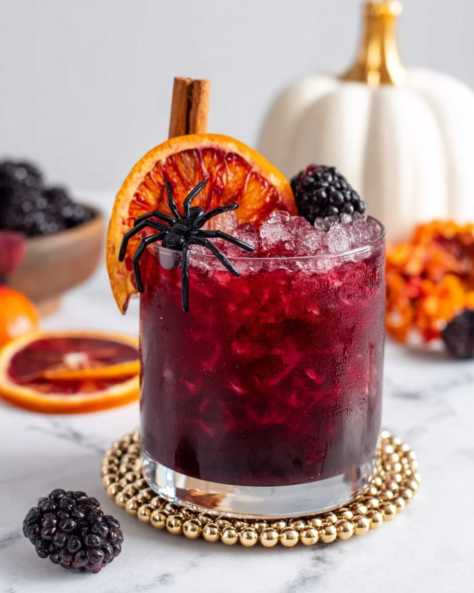 A short clear glass filled with dark red liquid and crushed ice, showing a deep red round slice of blood orange inside the drink near the center of the glass; atop the drink, crushed ice is topped with a blood orange slice standing upright marked by red and orange hues with a black plastic spider on it, a cinnamon stick on the left side sticking out, and a blackberry on the right side. The glass sits on a gold and rhinestone decorated ring. Around the glass on a white marbled surface, there are dark purple grapes, a black plastic spider, halves of blood orange, and a small black pumpkin with a gold stem in the background. Photo taken with an iphone --ar 4:5 --v 7
