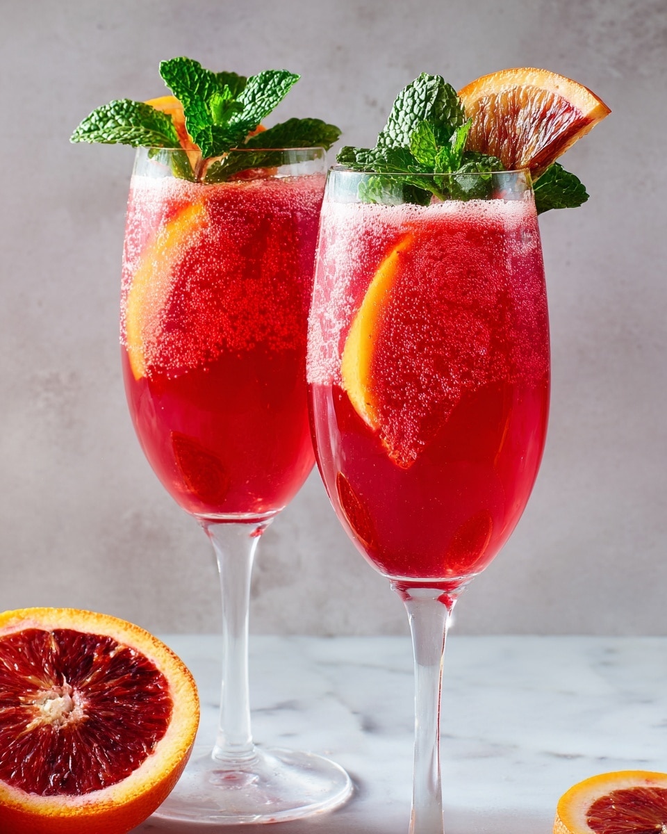 Two tall clear wine glasses filled with three main layers: at the bottom, a deep red juice with tiny bubbles rising; in the middle, a round bright orange slice pressed against the glass; and on top, a thicker bright red frothy layer. Each glass is garnished with fresh green mint leaves and a thin, slightly curled light yellow slice of ginger sticking out, placed against a white marbled background with part of an orange and a blood orange cut in half nearby. Photo taken with an iphone --ar 4:5 --v 7