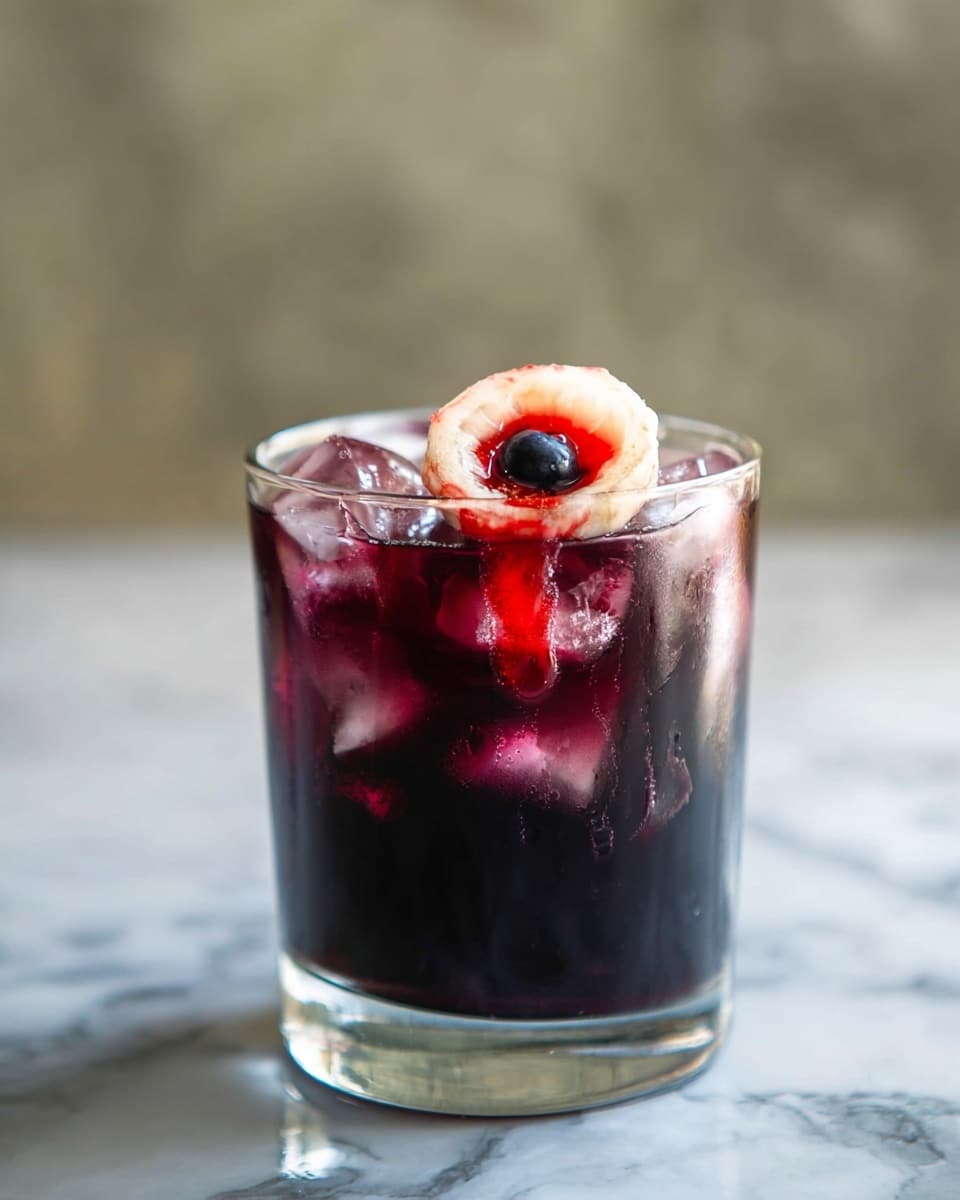 A clear glass filled with dark purple liquid, nearly black in color, with several ice cubes floating on top that create shiny, translucent white textures. At the surface, there is a small layered garnish made of a pale pink and white fruit slice with red juice drizzled over it, and a single dark blue berry placed in its center. The background is softly blurred with a white marbled texture surface below the glass. photo taken with an iphone --ar 4:5 --v 7