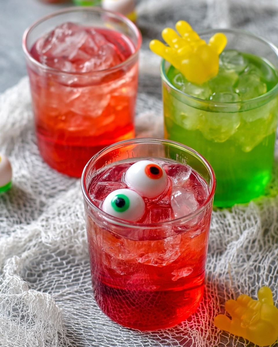 The image shows three clear glass beakers filled with colorful drinks on a white marbled surface. The front beaker holds a red drink filled with ice cubes and an eyeball-shaped decoration floating on top. Behind it, slightly to the left, is another beaker with a dark pink or red drink, also with ice and an eyeball decoration submerged at the bottom. To the right and behind the front beaker is a beaker with a greenish-yellow drink, with ice and a bright green gummy candy shaped like a hand standing on the rim. The background looks blurred with some bottles in blue, black, and purple colors visible. The overall scene has a bright, fresh, and playful look. photo taken with an iphone --ar 4:5 --v 7