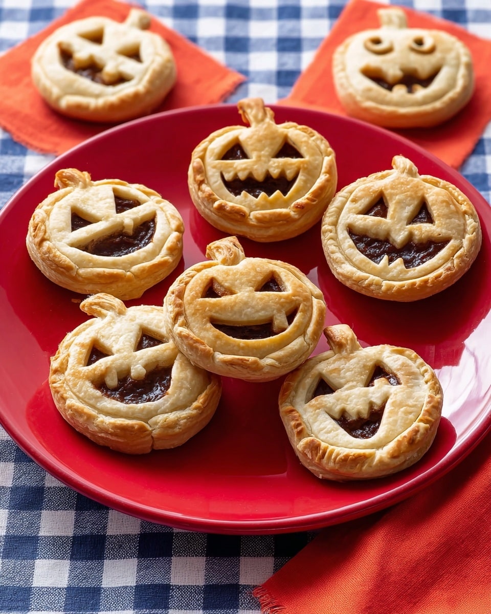 A red plate holds eight small pumpkin-shaped pastries with light golden crusts; each pastry has a carved face with eyes, nose, and a smiling mouth, showing a darker filling inside. The pastries have smooth, slightly shiny tops with some small raised details for the pumpkin stems and facial features. The plate rests on a white marbled surface covered with a purple and white checkered cloth, and around the plate, there are two red napkins, each holding a single pastry. The overall scene is bright and simple, capturing the fun Halloween theme. photo taken with an iphone --ar 4:5 --v 7