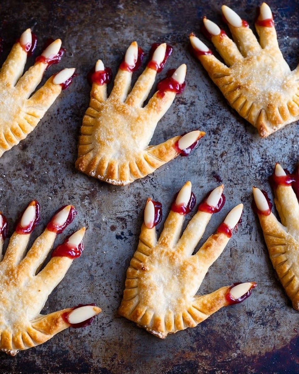 Seven hand-shaped pastries sit on a dark, worn baking sheet. Each pastry has five fingers with crisp, golden brown crusts that are slightly flaky and textured. On the tip of each finger, there is a white almond slice acting as a fingernail, attached with a small dab of red jam that looks like fake blood. The pastries are unevenly spaced and some fingers slightly overlap. Crimped edges create a slightly thicker border around the hand shapes. The overall look is eerie, like witch or monster hands. photo taken with an iphone --ar 4:5 --v 7