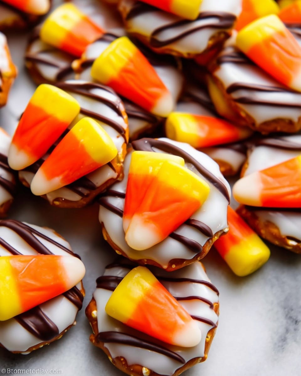 The image shows a close-up of small pretzel cups filled with a white candy that has brown swirls on top. Each cup is topped with a piece of candy corn, which has a three-color gradient of yellow at the bottom, orange in the middle, and white at the top. The pretzels have a shiny, brown, bumpy surface, and the candy filling looks smooth and glossy. The treats are placed close together on a white marbled surface. Photo taken with an iphone --ar 4:5 --v 7
