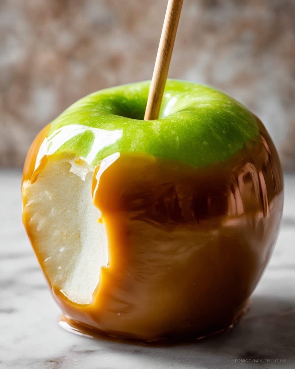 A group of seven green apples each covered with a smooth, shiny caramel layer that is about two-thirds down the apple, with the top part of the apple remaining uncovered, showing the fresh green color. The bottom half of each apple is drizzled with thin, dark chocolate lines and decorated with small, colorful star-shaped sprinkles adding texture and brightness. Each apple has a thin wooden stick inserted from the top middle, standing straight up. The apples are placed on a white cake stand with a raised pedestal base, sitting on a dark wooden table with scattered small colorful sprinkles around. The background is a soft, light gray with a white marbled texture. photo taken with an iphone --ar 4:5 --v 7