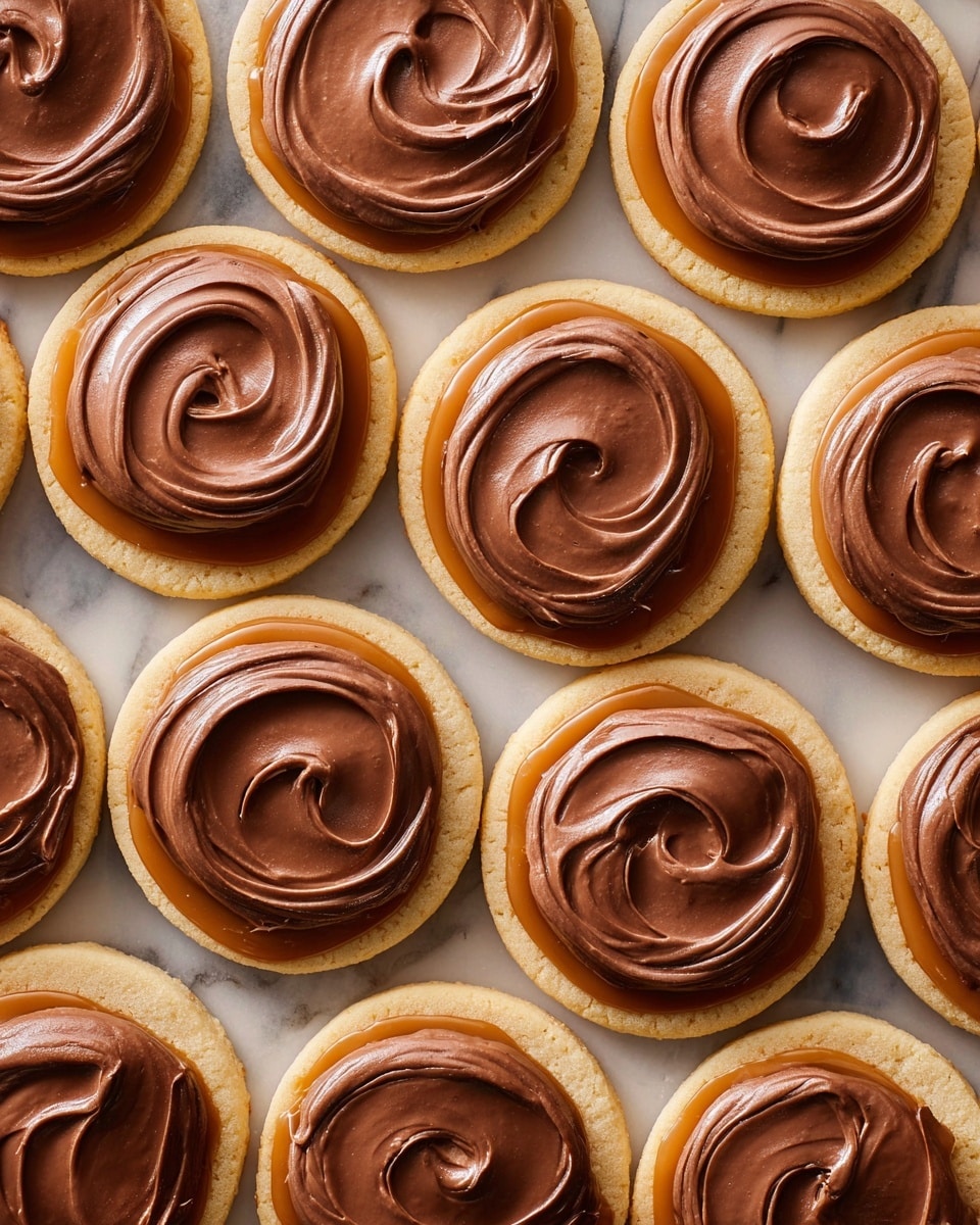 A stack of five round, light beige cookies with smooth edges is shown on a white marbled surface. Each cookie is sandwiched with a shiny thick layer of brown caramel sauce between them. The top cookie is spread with a swirled layer of light brown chocolate frosting sprinkled with small flakes of white sea salt, adding texture. The background is a dark textured greenish-blue stone. The cookies look soft but firm, and the caramel is glossy and rich. photo taken with an iphone --ar 4:5 --v 7