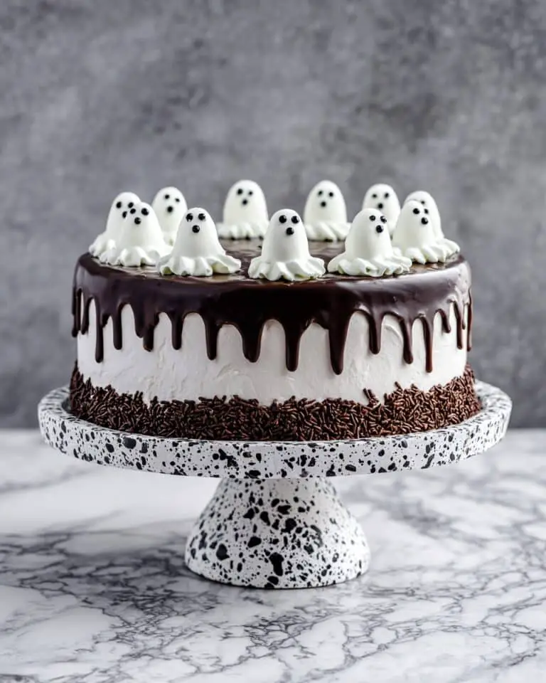 Ghost Cake with Meringue Ghosts, Buttercream Frosting, and Chocolate Ganache Recipe