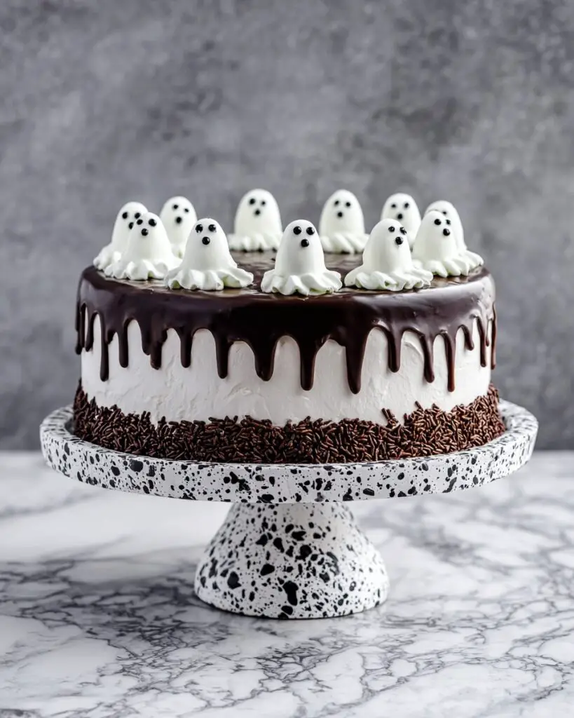 Ghost Cake with Meringue Ghosts, Buttercream Frosting, and Chocolate Ganache Recipe