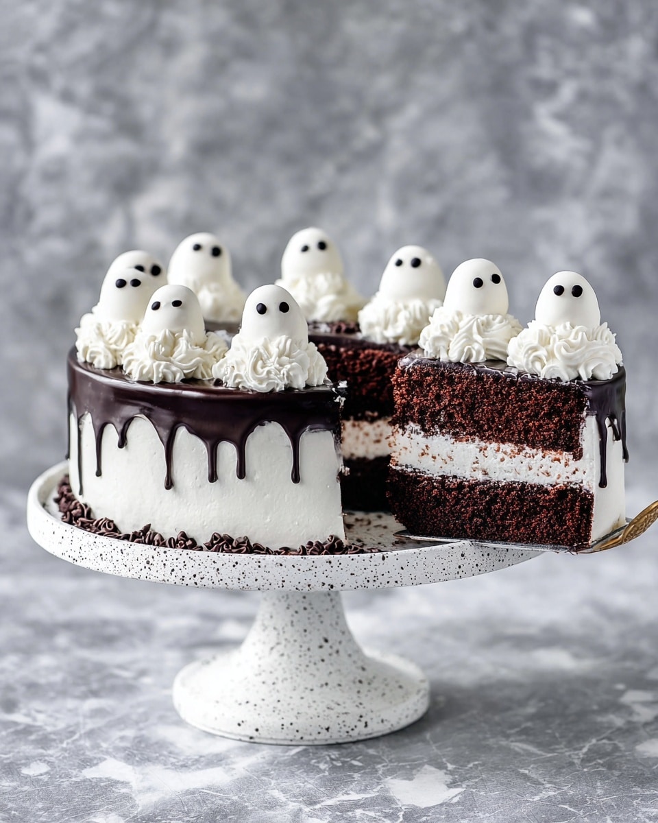 A two-layer chocolate cake with white cream filling between the layers sits on a white speckled cake stand against a white marbled surface. The outside is covered in smooth white frosting with a shiny dark chocolate drip running down the sides. On top, there are many small white whipped cream ghost shapes with little black eyes made from chocolate pieces spread evenly. A slice is being lifted, showing the fluffy, dark chocolate cake layers and the white cream inside, with three small whipped cream ghosts on top of the slice. Photo taken with an iphone --ar 4:5 --v 7