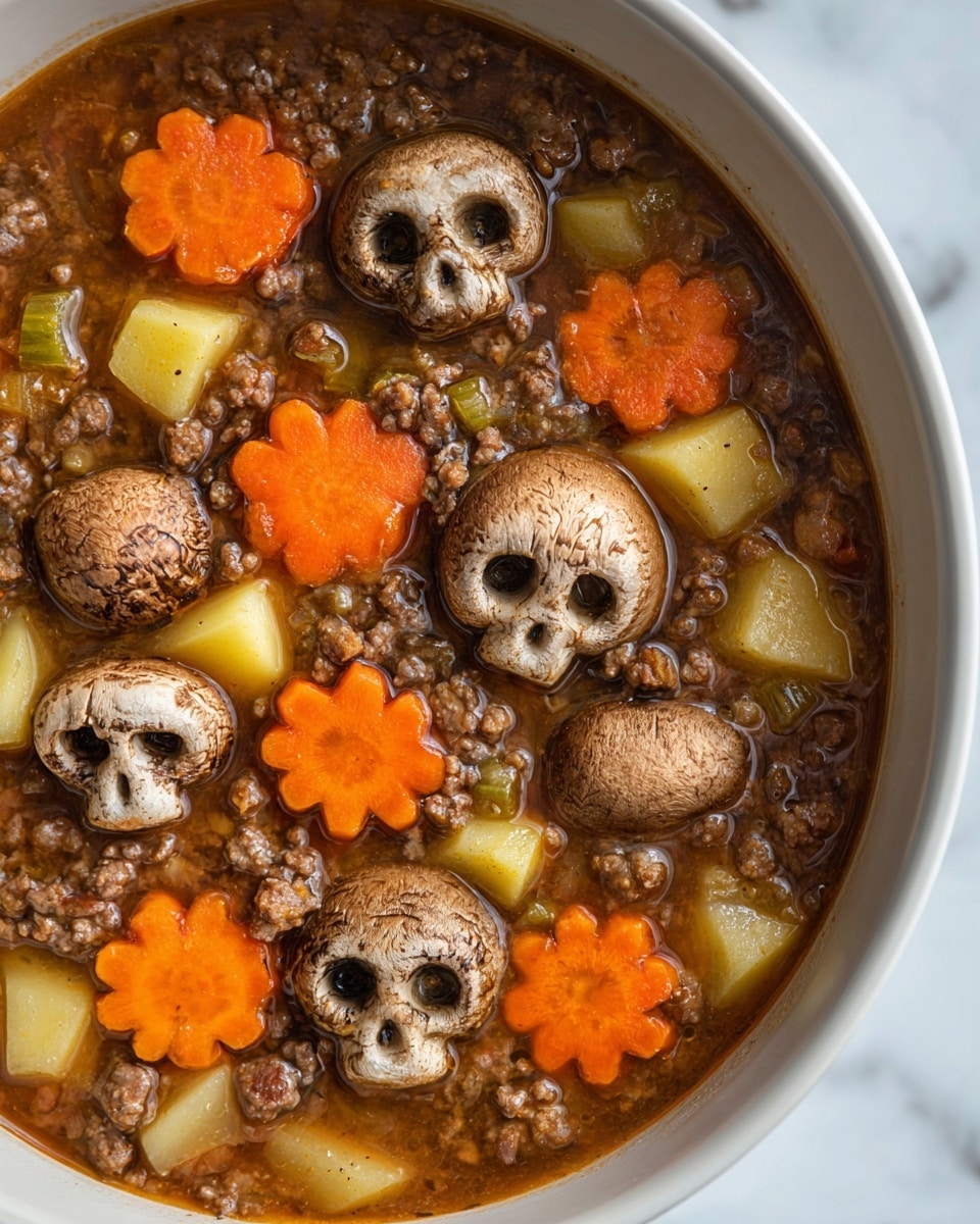 The image shows a pot filled with a thick stew made of several layers of ingredients evenly mixed together. There are large whole brown mushrooms on top, with their smooth, rounded caps clearly visible. Around them are bright orange carrot slices cut into flower-like shapes, and small yellow potato cubes scattered throughout. The stew has a rich brown broth with bits of ground meat and small pieces of celery floating inside, all contained in a white pot. The close-up view shows the textures of the soft vegetables, tender meat, and glossy broth against the white marbled background. photo taken with an iphone --ar 4:5 --v 7