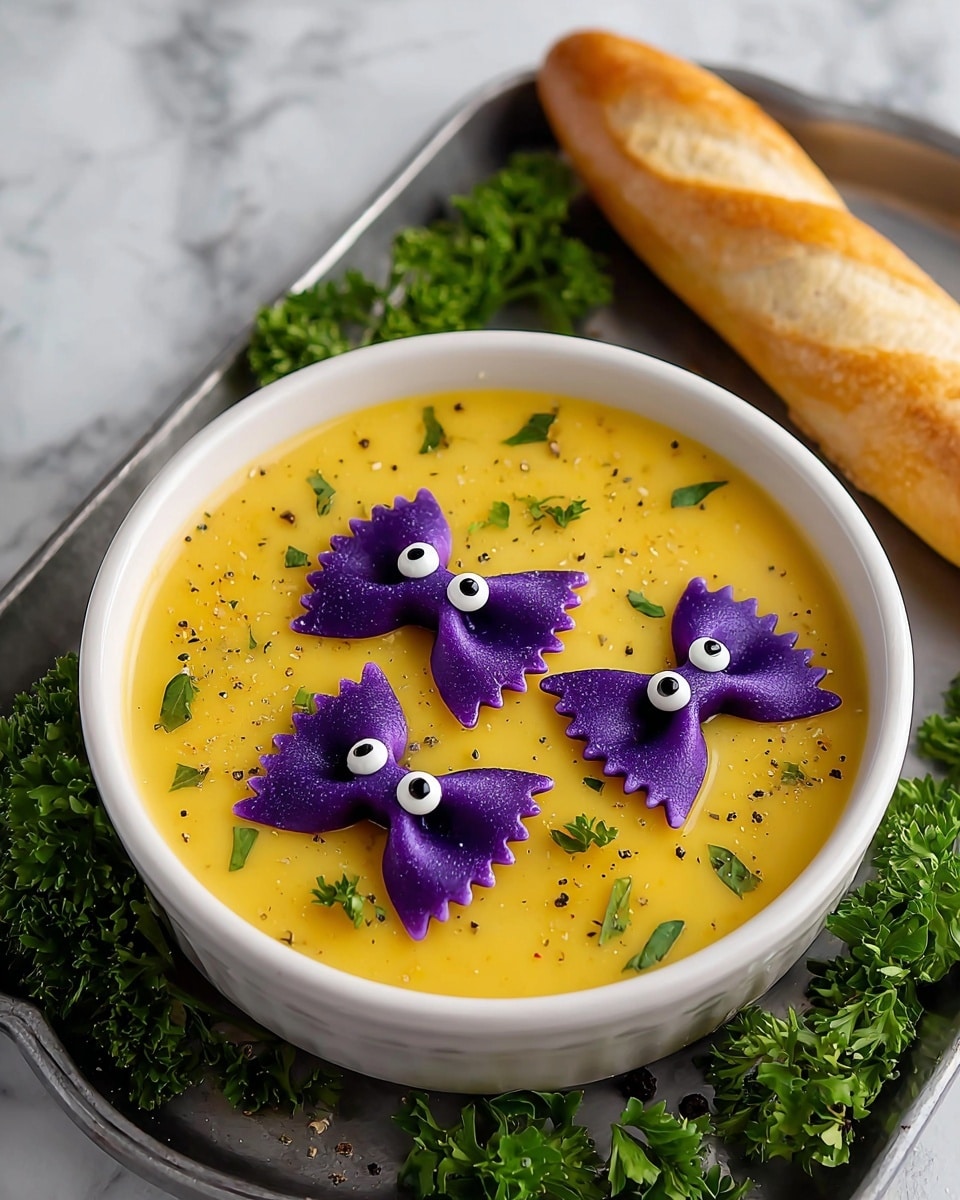 A white bowl filled with orange creamy soup sits on a silver tray over a white marbled surface. Three dark purple bowtie pasta pieces float on top of the soup, each decorated with two small white dots resembling eyes. Small green parsley leaves and tiny black pepper specks are sprinkled across the soup’s surface. Fresh parsley sprigs surround the bowl on the tray. To the right of the bowl, a piece of golden brown bread is placed partially on the tray and partially on the white marbled surface. A spoon with some soup and a parsley leaf rests on the tray near the bowl. Photo taken with an iphone --ar 4:5 --v 7