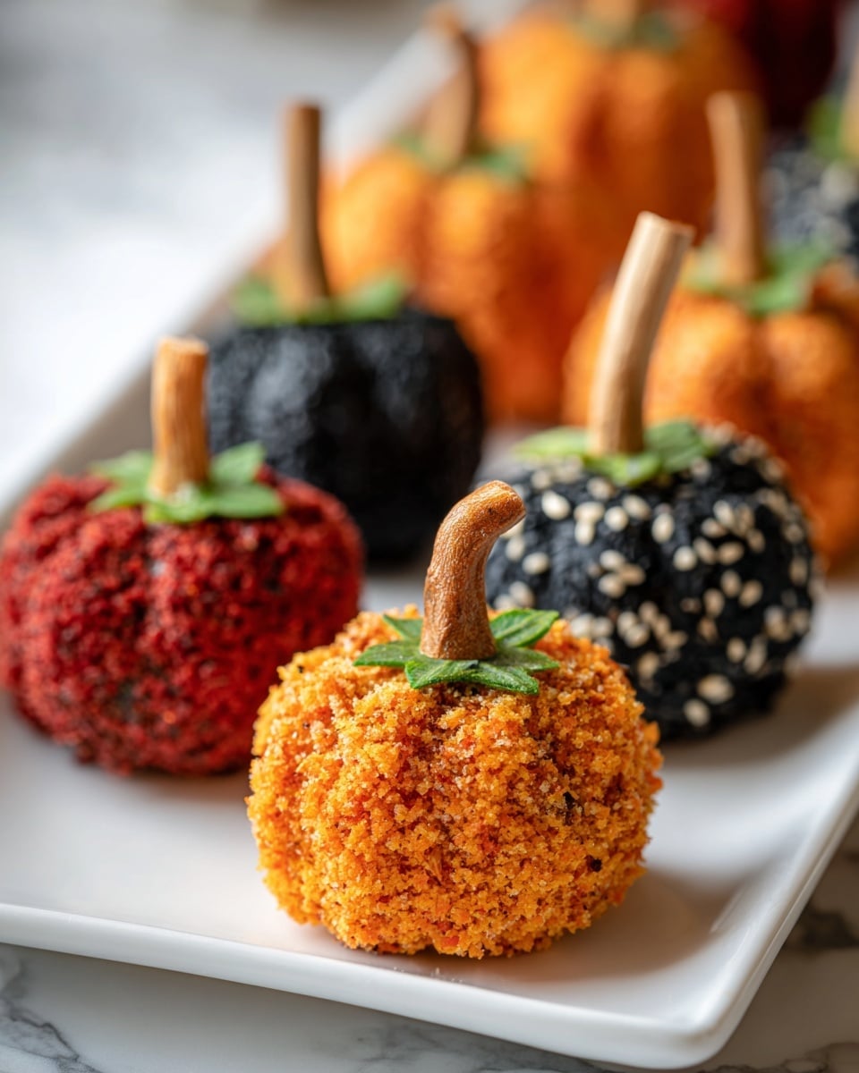 The image shows small pumpkin-shaped snacks arranged on a white rectangular plate placed on a white marbled surface. Each snack has a round base with a textured coating in three colors: bright orange with an uneven crumbly surface, deep red with smooth ridges, and black coated with black and white sesame seeds. Each pumpkin has a short brown stick at the top as a stem and a small green leaf attached near the stem. The pumpkins are arranged in rows, with the orange pumpkin in focus at the center of the image, and the other colors partially blurred in the background and foreground. The lighting is soft, highlighting the details and colors of the snacks. Photo taken with an iphone --ar 4:5 --v 7