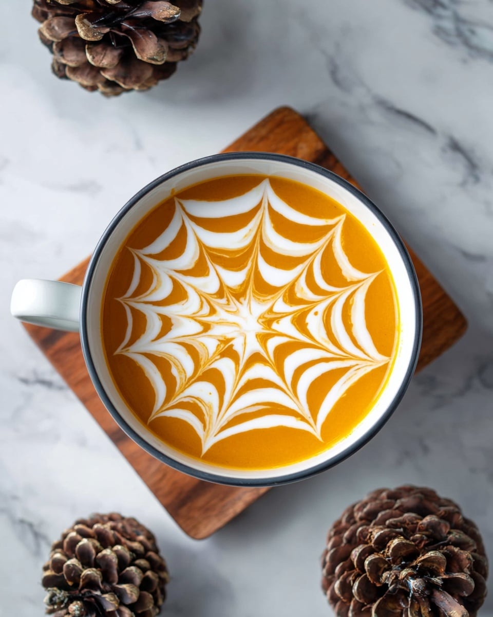 A dark blue bowl filled with smooth bright orange soup is placed on a wooden surface. The soup's top layer has a white cream swirl design shaped like a spider web, with concentric rings and lines extending from the center to the edges. In the blurred background, there is a brown pine cone and a small colorful skull figurine with purple and pink details. The whole scene is set on a white marbled texture surface. photo taken with an iphone --ar 4:5 --v 7