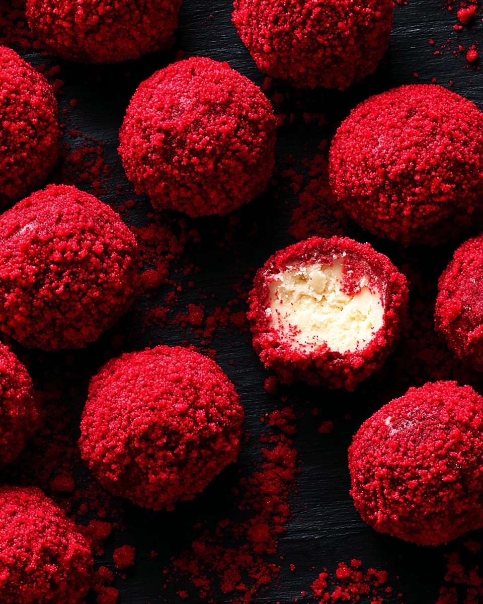 The image shows many small round balls covered fully with bright red crumb-like coating, arranged closely on a surface. Each ball has a rough texture on its outer layer, creating a crumbly look. One ball near the center has a bite showing the inside, which is smooth and creamy white, contrasting sharply with the red outside. The balls are placed on a dark background, making the bright red color pop clearly. Small crumbs of the red coating are scattered around the balls. photo taken with an iphone --ar 4:5 --v 7
