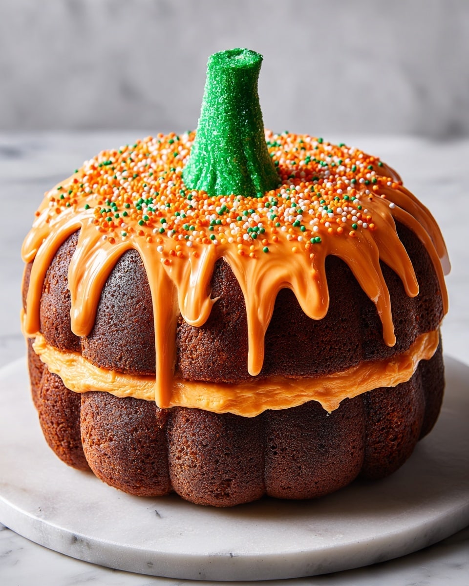 A two-layer round cake shaped like a pumpkin sits on a white marble cake stand with a wooden base. The cake is orange-brown inside and outside with slightly rough texture. Orange frosting drips unevenly over the top edges of the cake, sprinkled with small orange round sprinkles. A green glittery cone-shaped decoration sits at the top center, resembling a pumpkin stem. A slice is removed from the side, showing the candy corn spilling out from the hollow inside between the two layers. Colorful leaf-shaped sprinkles scatter around the base. A white card on a stick is inserted into the cake top, with the handwritten words