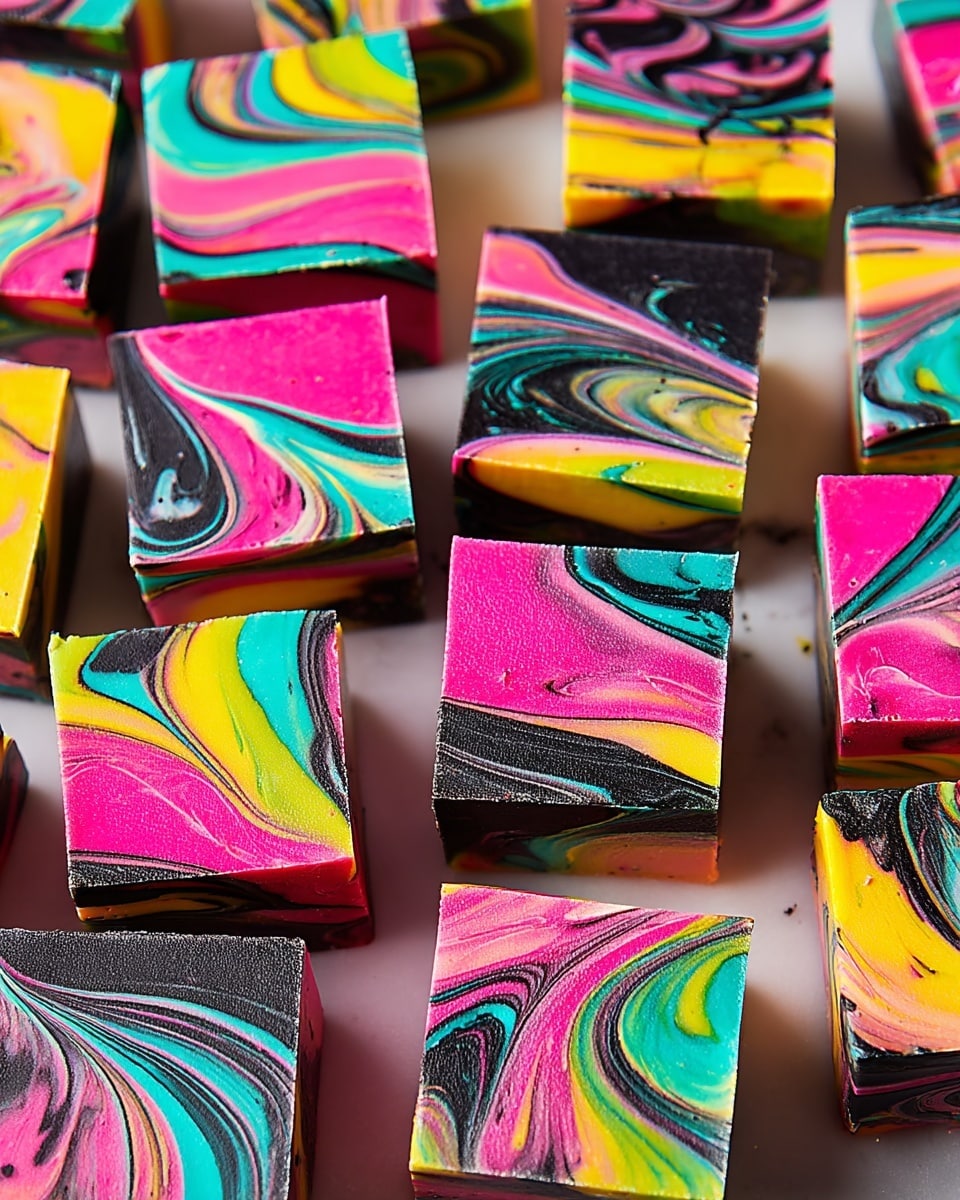 A pile of colorful fudge cubes stacked in a loose pyramid on a white marbled surface, each cube showing swirls of bright pink, yellow, teal, and black layers mixed with a smooth texture. The fudge pieces are neatly shaped with vibrant, marbled patterns that blend the colors in flowing waves across the cubes. On top of the pile sits a tall, thin skeleton figure with long limbs and a skull head, posed with arms raised and one leg straight out, adding a playful contrast to the colorful fudge. Photo taken with an iphone --ar 4:5 --v 7
