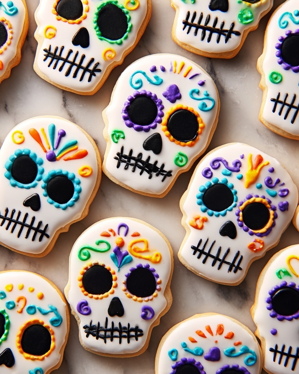The image shows several skull-shaped sugar cookies on a white marbled surface. Each cookie has a smooth white icing base layer. On top, there are colorful icing decorations in different shapes: black outlines form nose, teeth, and eye sockets, purple and green dots frame the eyes and forehead, and bright orange or blue swirls decorate the mouth area. The texture of the icing is glossy and clean, making the colors pop sharply against the white icing. The cookies are placed close together, filling the frame with a festive, fun look. photo taken with an iphone --ar 4:5 --v 7