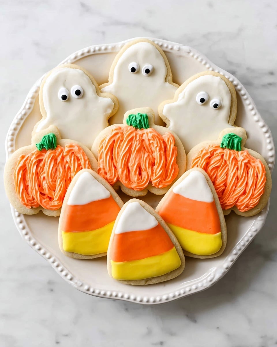A white plate holds eight decorated sugar cookies arranged closely together: three round orange pumpkin-shaped cookies with smooth, swirled orange frosting and small green frosting stems at the top, three ghost-shaped cookies with smooth white frosting and two small round black-and-white candy eyes near the top center, and two candy corn-shaped cookies with three horizontal layers of smooth frosting in white at the top, orange in the middle, and yellow at the bottom. The plate sits on a white marbled surface. photo taken with an iphone --ar 4:5 --v 7