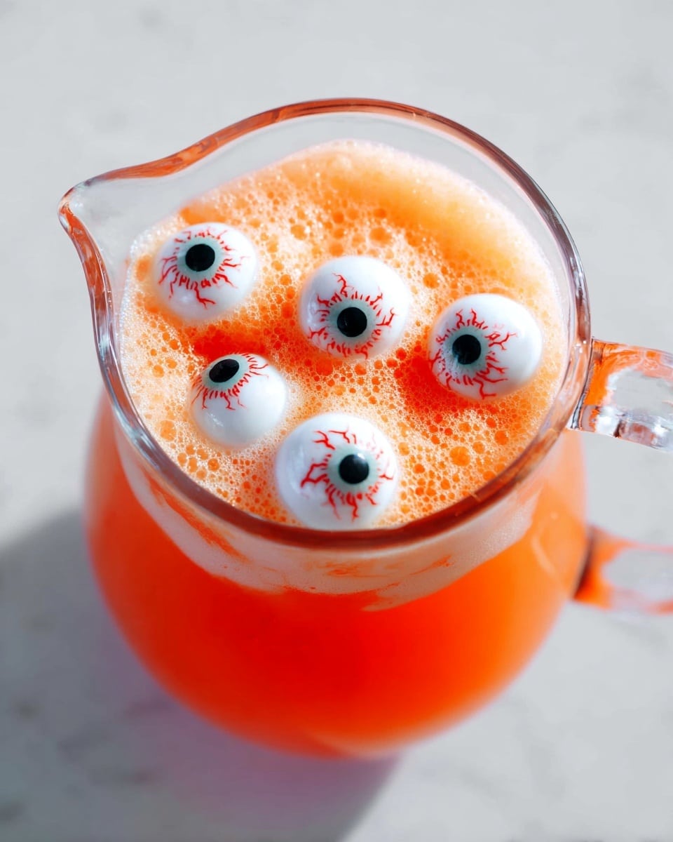 A clear glass pitcher is filled with bright orange liquid, topped with thick orange foam that covers the surface. Resting on the foam are five round, white candy eyeballs with black and red iris and red veins, evenly spaced across the top. The pitcher sits on a white marbled surface, with soft natural light highlighting the texture of the foam and the shiny smoothness of the eyeballs. photo taken with an iphone --ar 4:5 --v 7