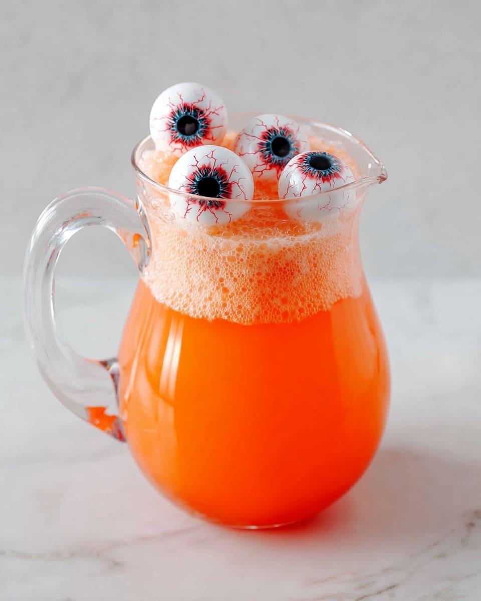 A clear glass pitcher filled with an orange frothy drink, with a thick layer of foam on top. Floating on the foam are five decorative white balls designed to look like eyeballs, each with a detailed black and red pupil and red veins. The pitcher is placed on a smooth white marbled surface, and the handle is clear glass. The bright orange color of the drink contrasts with the white and red eyeball decorations, making the drink look festive and spooky. photo taken with an iphone --ar 4:5 --v 7