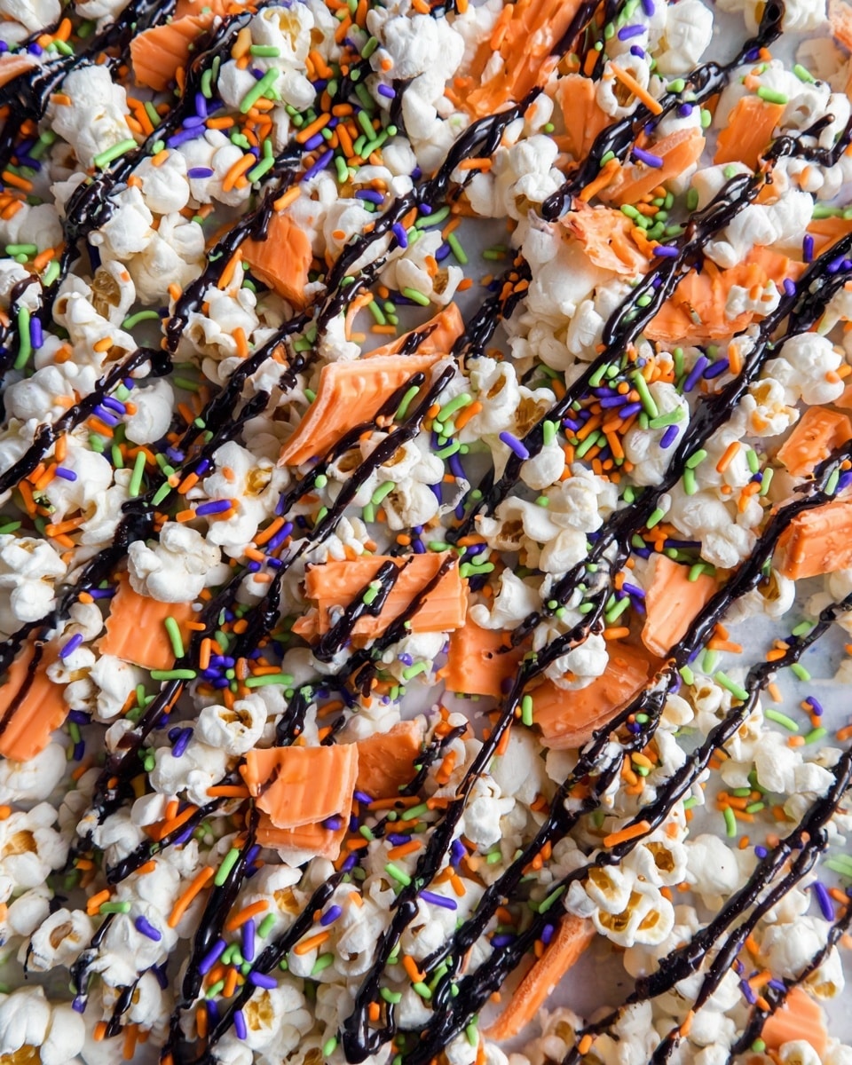 A clear glass bowl filled with a base layer of white popcorn with fluffy and slightly uneven textures. On top is a mix of small purple and brown candy-coated pieces scattered unevenly across the popcorn. Several bright orange pumpkin-shaped candies with a smooth, shiny surface and small green stems sit prominently on top. A metal spoon is placed inside the bowl. The bowl is set on a white marbled surface. photo taken with an iphone --ar 4:5 --v 7