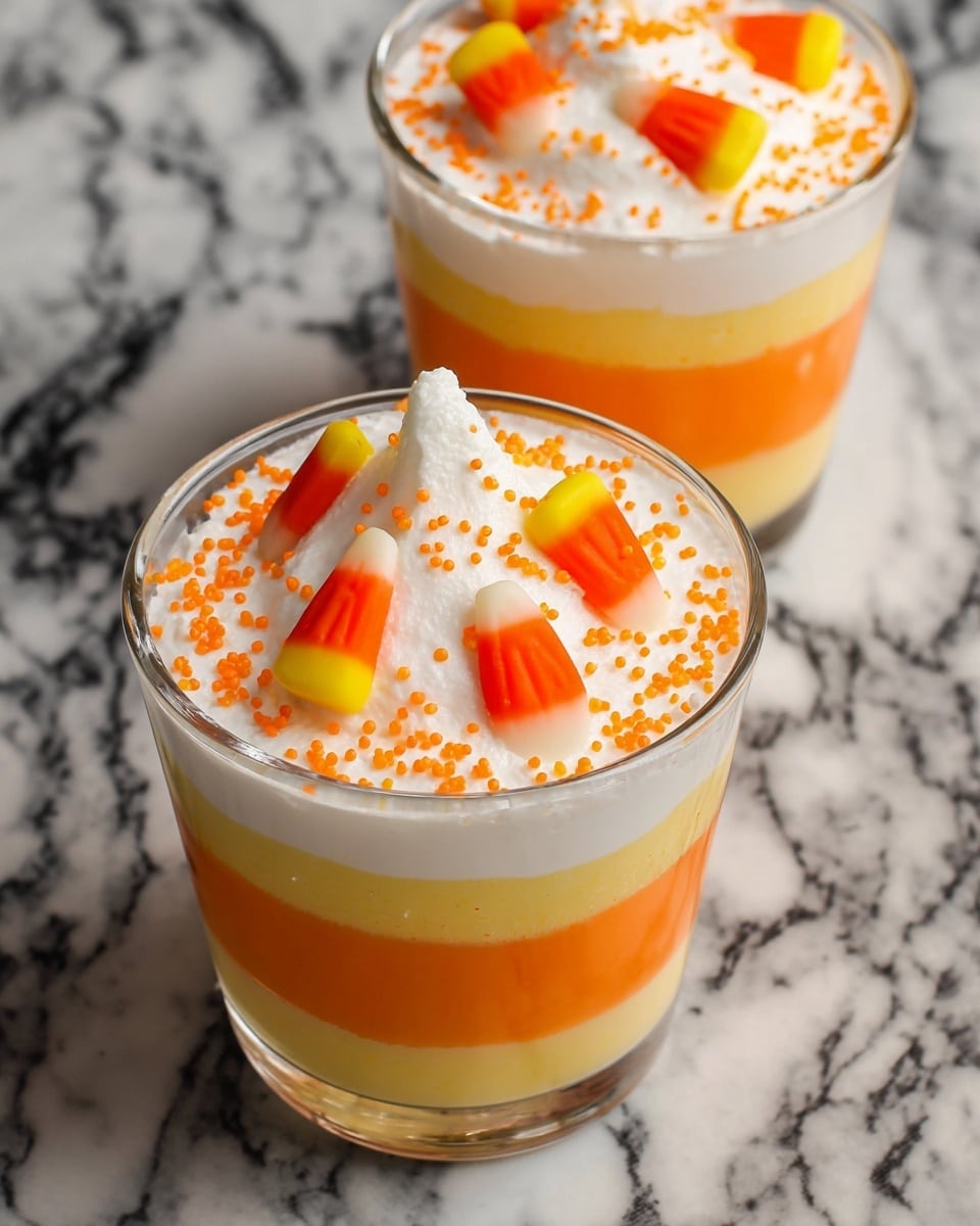 A clear cup shows three layers: the bottom layer is light yellow and smooth, the middle layer is a thicker bright orange with a slightly creamy texture, and the top layer is white whipped cream with small orange sprinkles. On top, there are small candy pieces in white, orange, and yellow that look like candy corn arranged on the whipped cream. The cup sits on a white marbled surface with fake spider web decorations and a black plastic spider near the base. In the background, there are other similar cups slightly out of focus. photo taken with an iphone --ar 4:5 --v 7