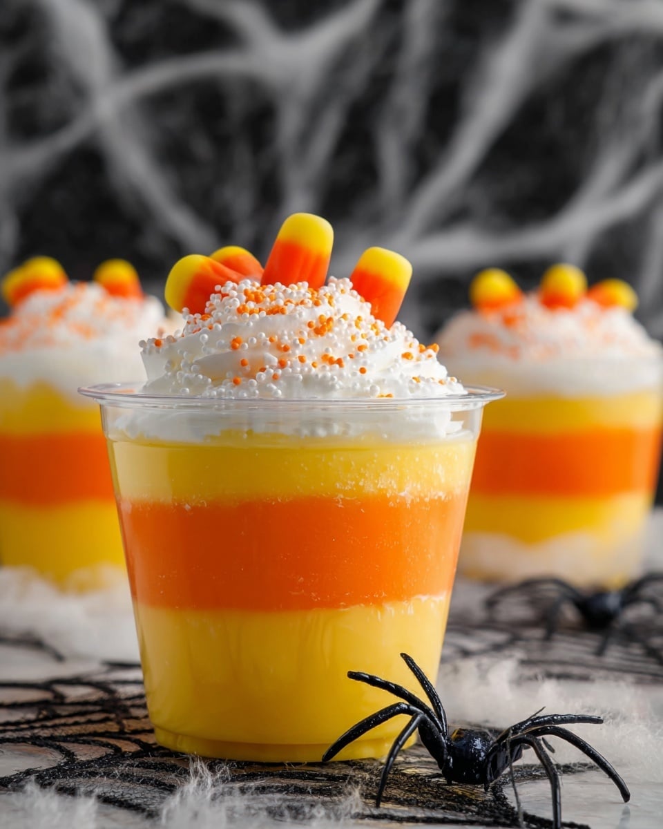 Seven clear round dessert cups are filled with a layer of white whipped cream topped with colorful sprinkles in orange and yellow. Each cup has several pieces of candy with three stripes: white, orange, and yellow, placed evenly on top. The cups are arranged closely on a white marbled surface covered with thin white spider web decorations and black plastic spider toys. There are also two shiny black spoons on the lower right side, completing the festive look. Photo taken with an iphone --ar 4:5 --v 7